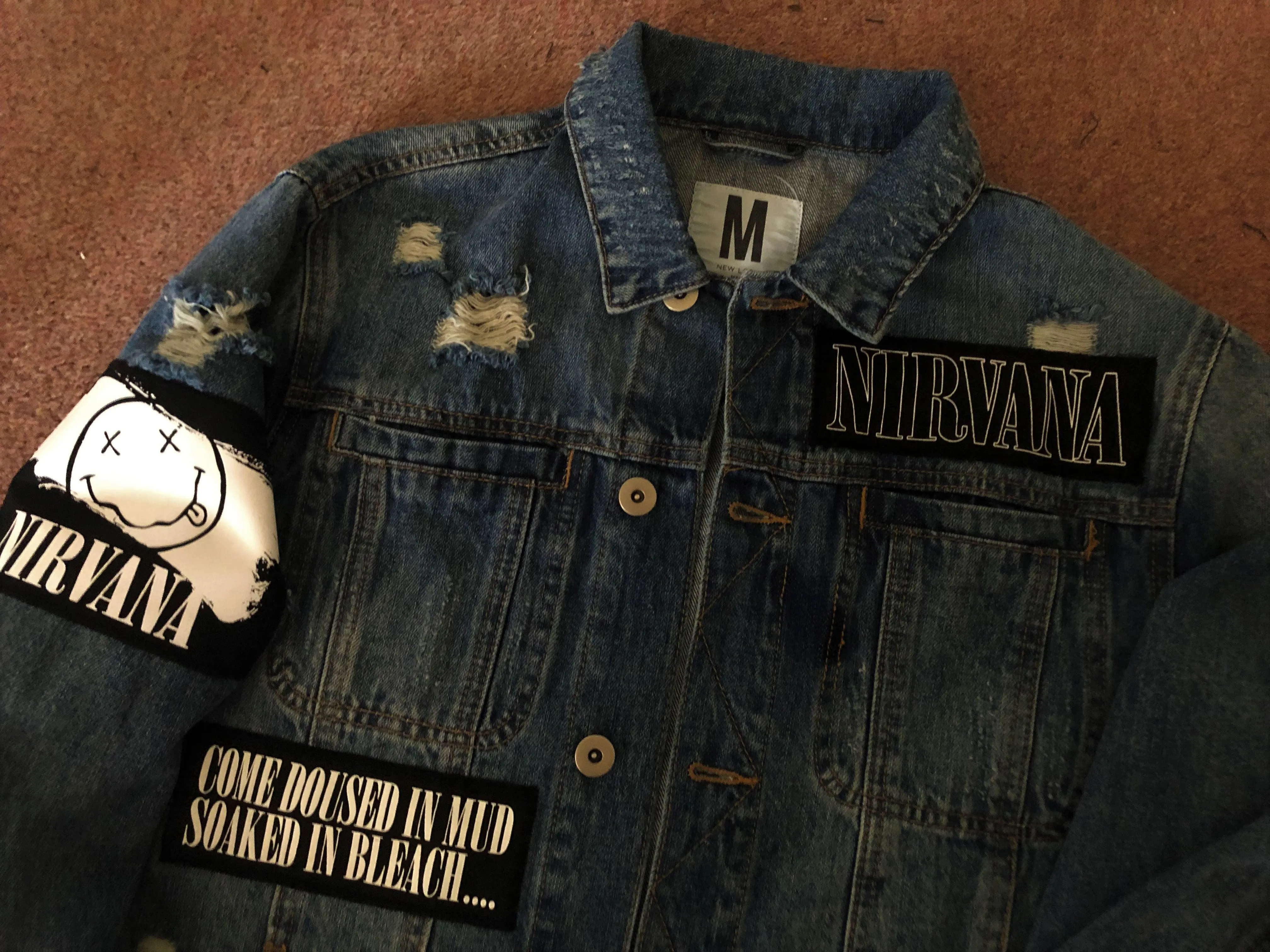 Nirvana Distressed Blue Denim Patch Jacket Come As You Are Smiley Angel