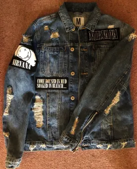 Nirvana Distressed Blue Denim Patch Jacket Come As You Are Smiley Angel