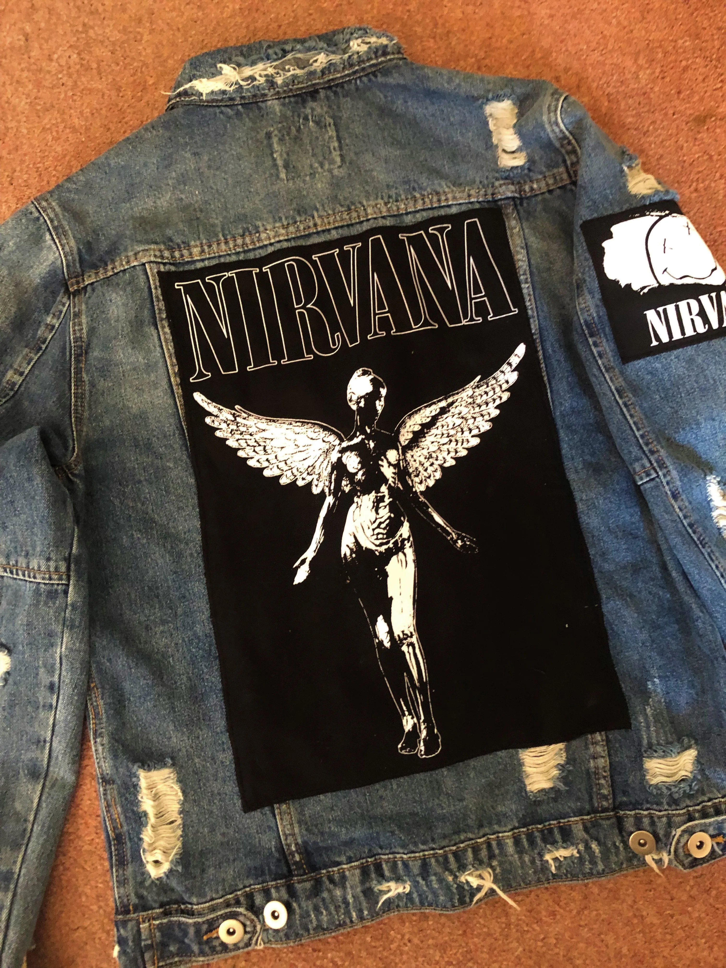 Nirvana Distressed Blue Denim Patch Jacket Come As You Are Smiley Angel