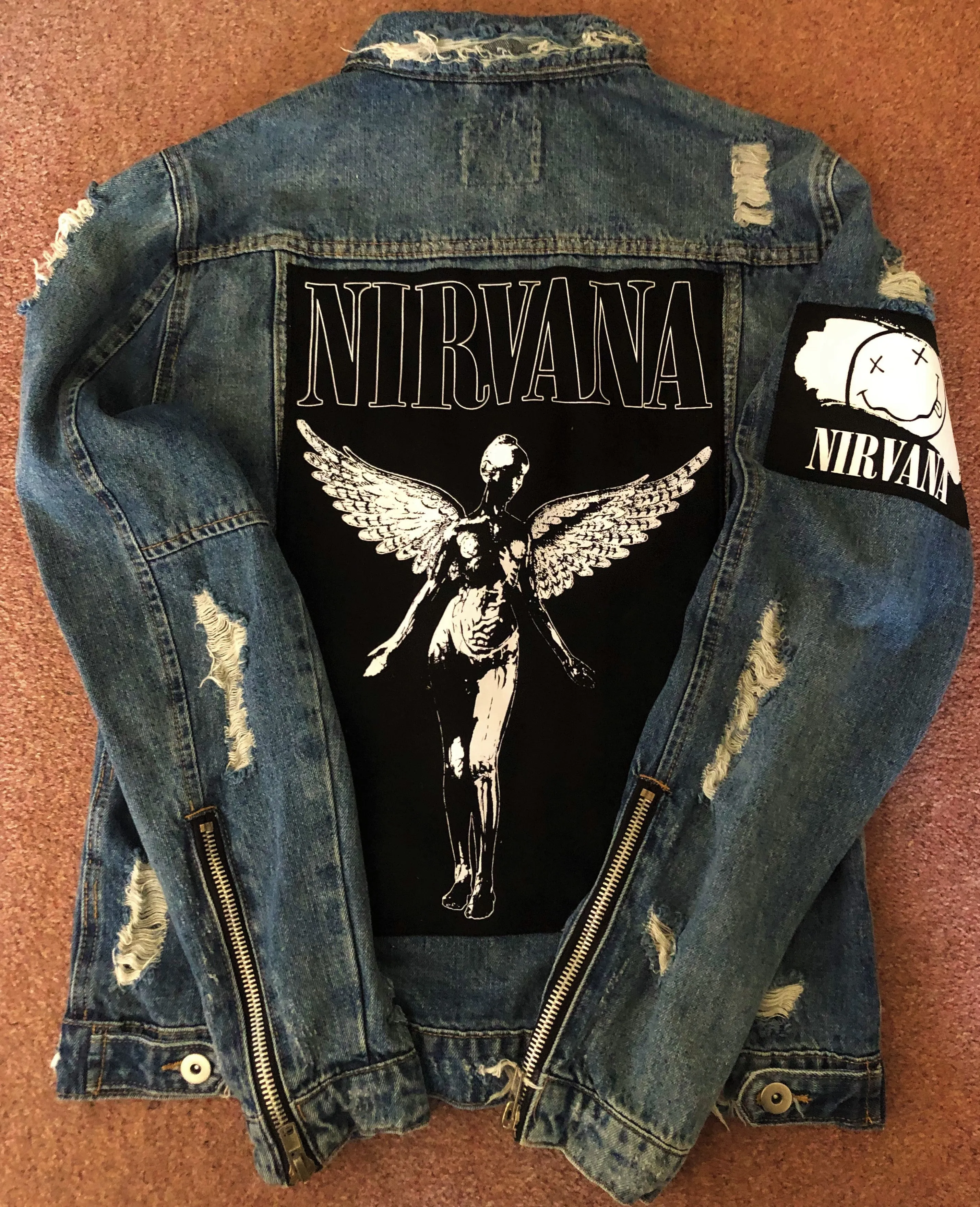 Nirvana Distressed Blue Denim Patch Jacket Come As You Are Smiley Angel