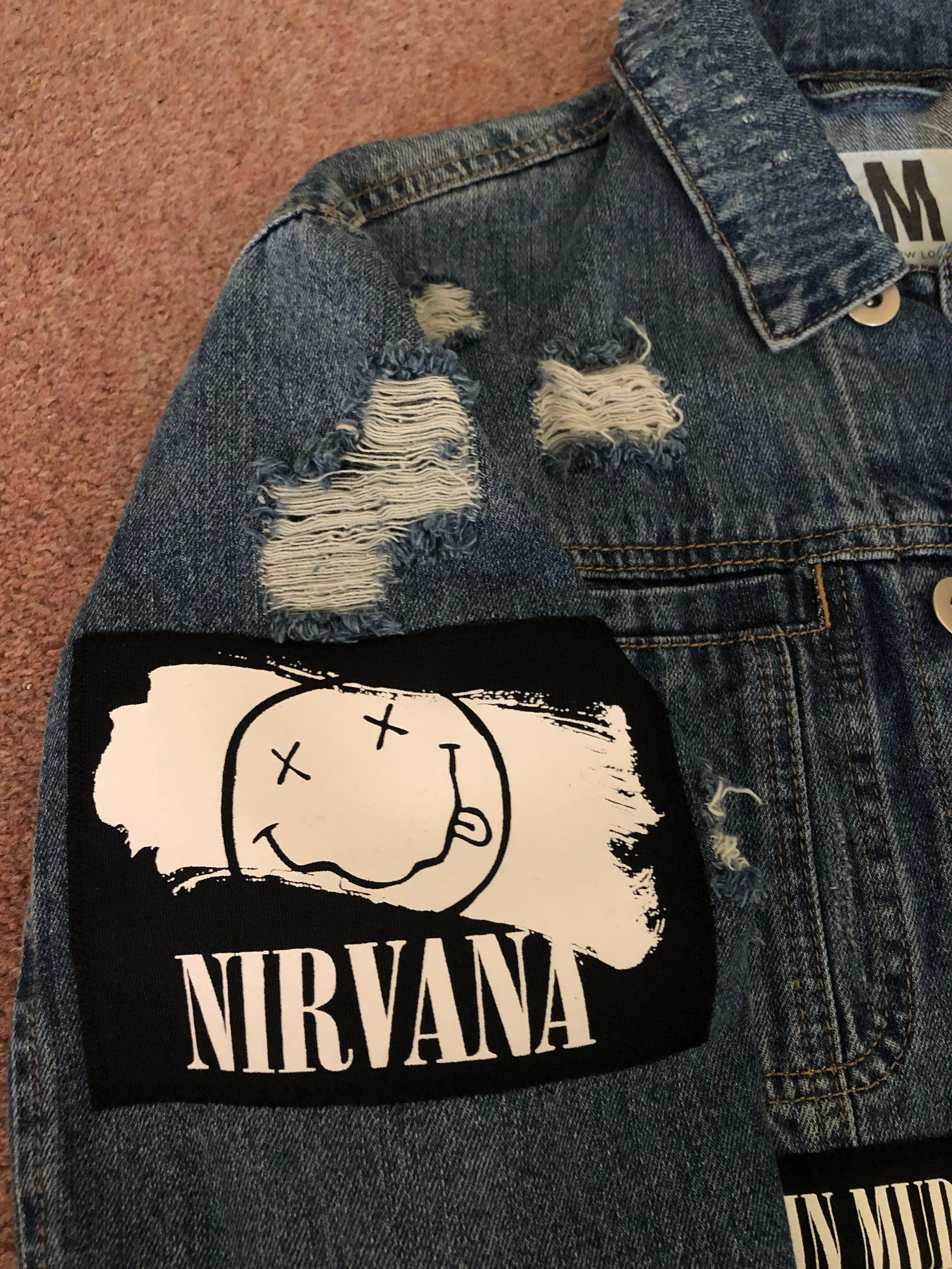 Nirvana Distressed Blue Denim Patch Jacket Come As You Are Smiley Angel