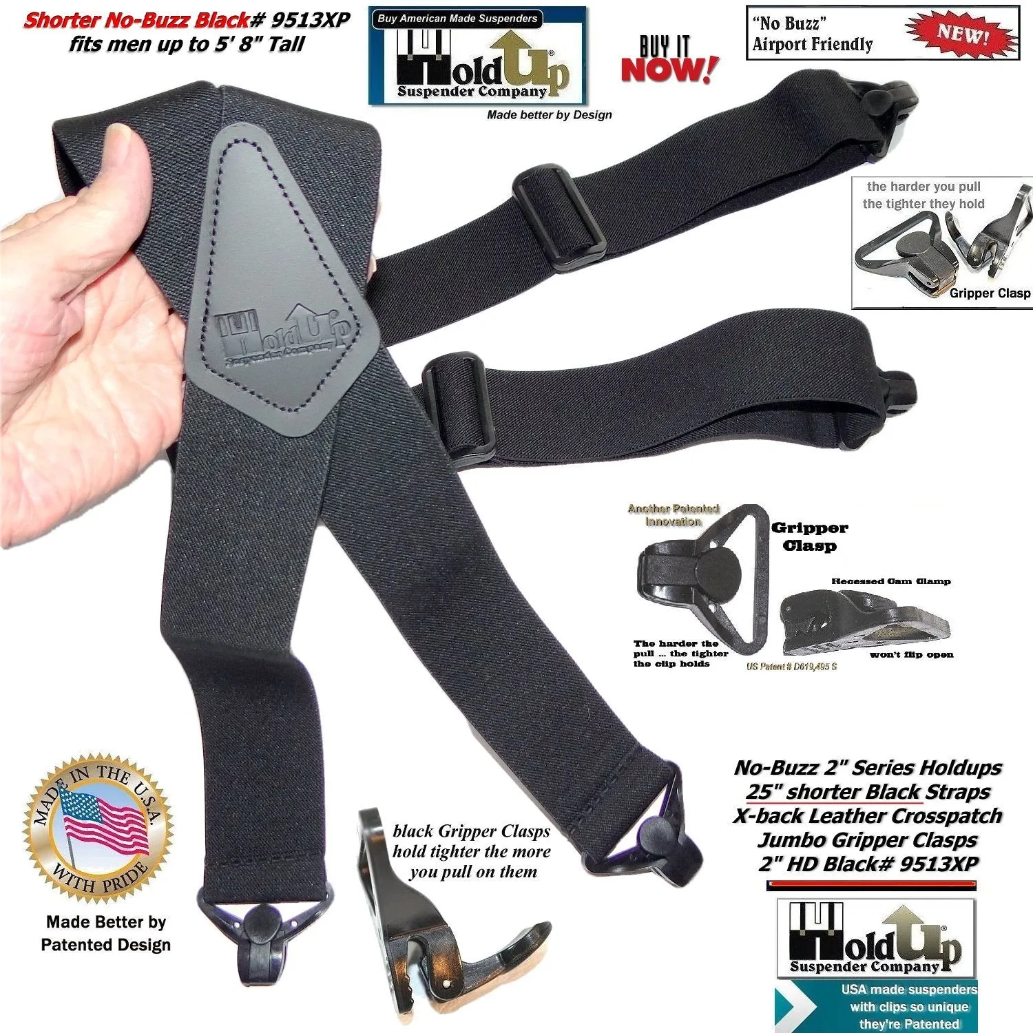 No-buzz HoldUp Airport Friendly 2" Wide 48" long Black X-back Suspenders with Patented Black Gripper Clasps