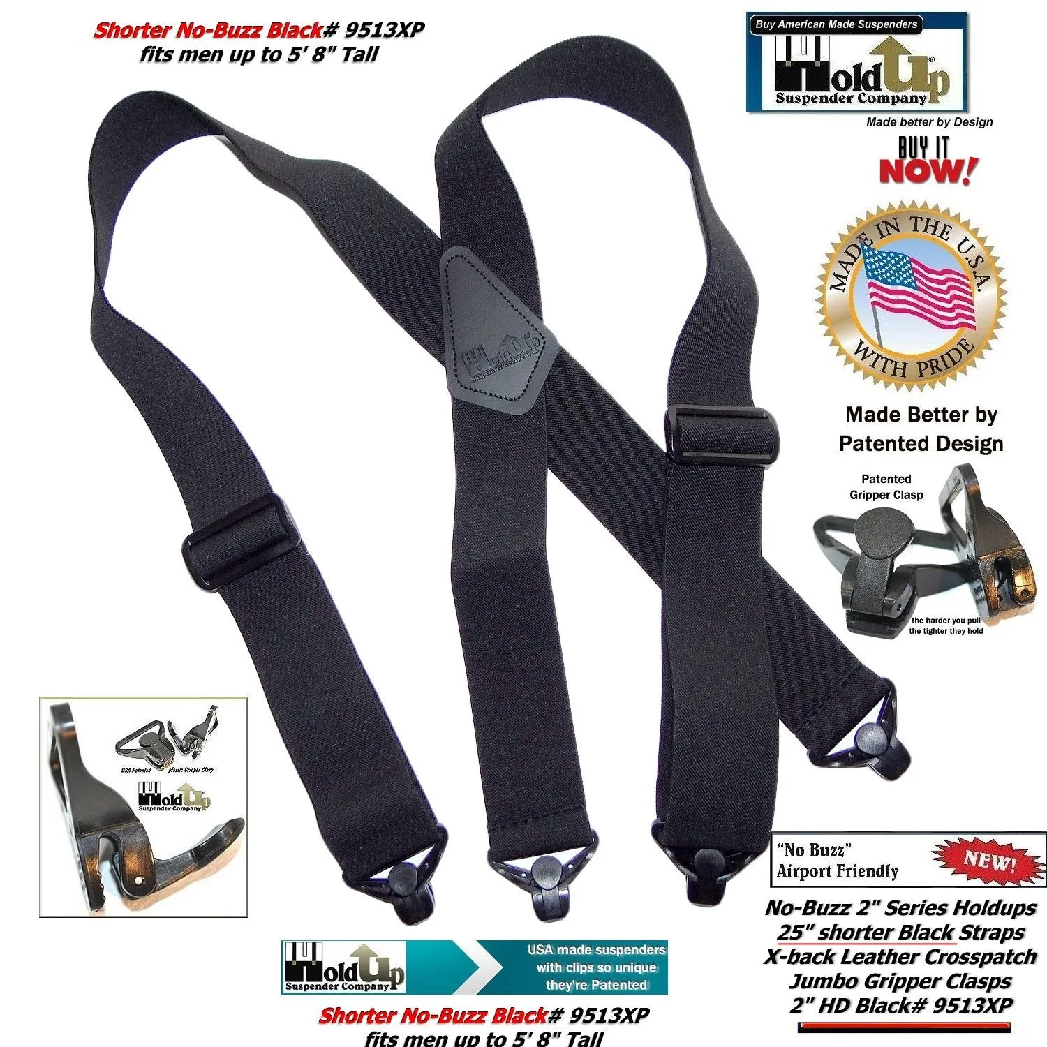 No-buzz HoldUp Airport Friendly 2" Wide 48" long Black X-back Suspenders with Patented Black Gripper Clasps