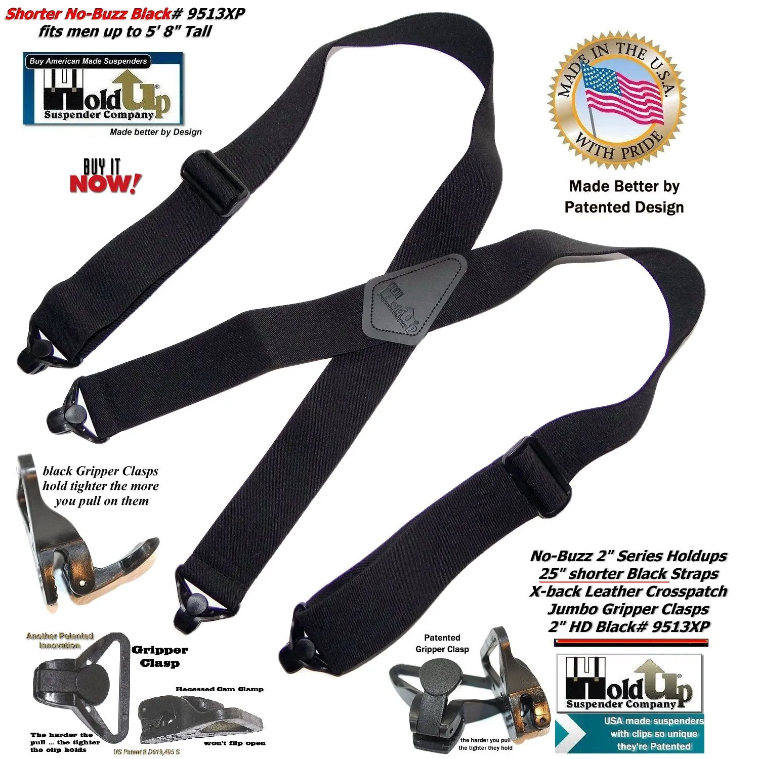 No-buzz HoldUp Airport Friendly 2" Wide 48" long Black X-back Suspenders with Patented Black Gripper Clasps