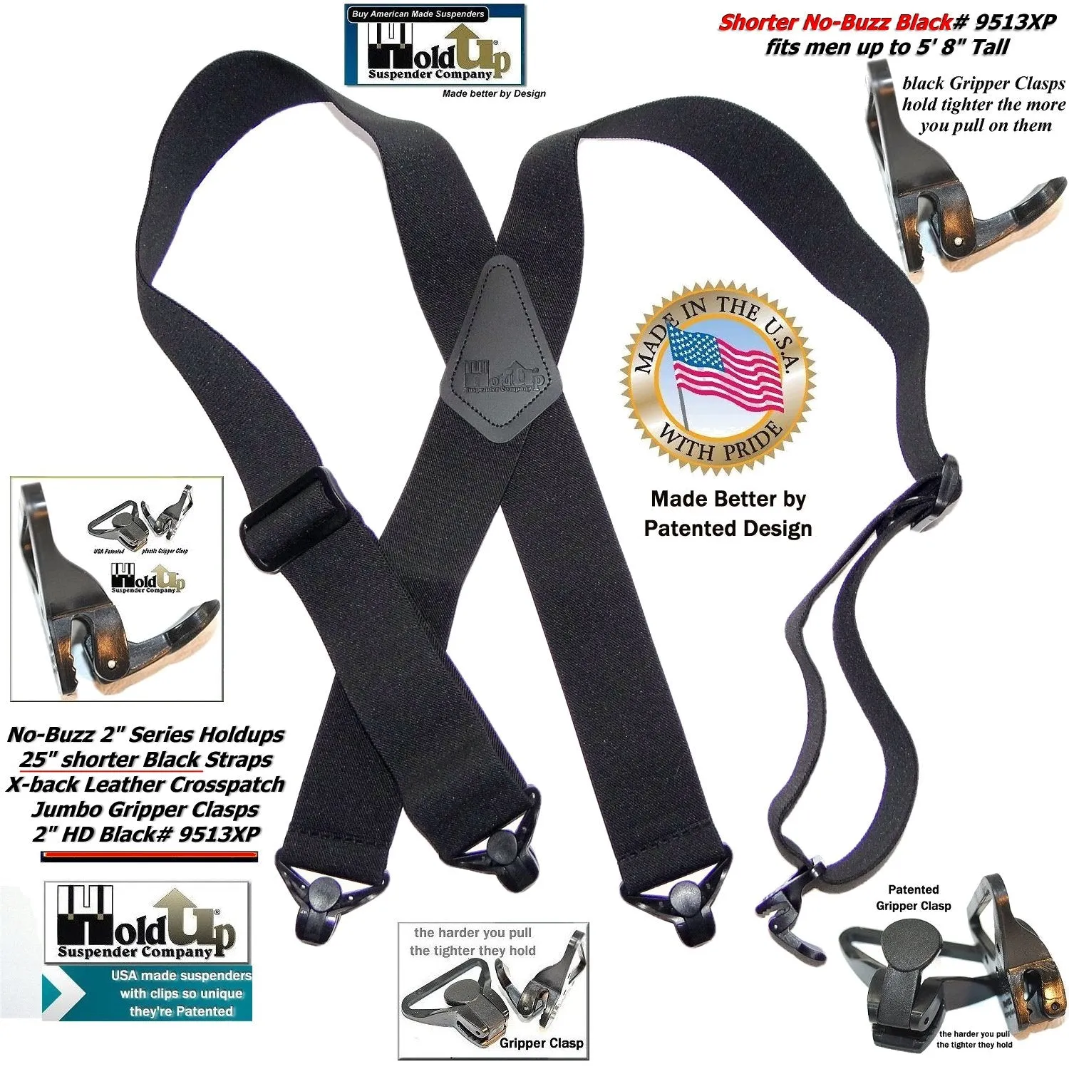 No-buzz HoldUp Airport Friendly 2" Wide 48" long Black X-back Suspenders with Patented Black Gripper Clasps