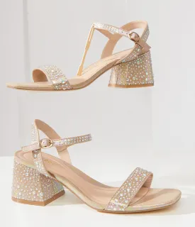 Nude & Silver Rhinestone Kitten Peep Toe Heels