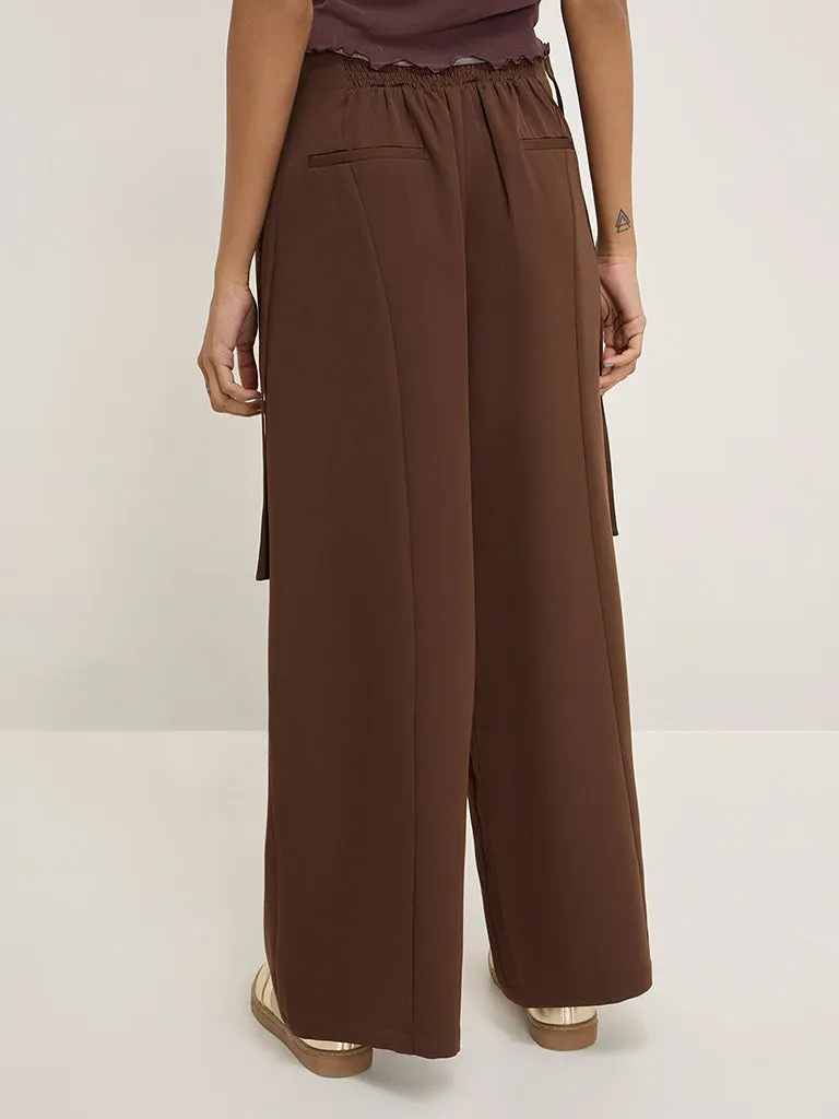 Nuon Brown Solid Wide-Leg High-Rise Trousers