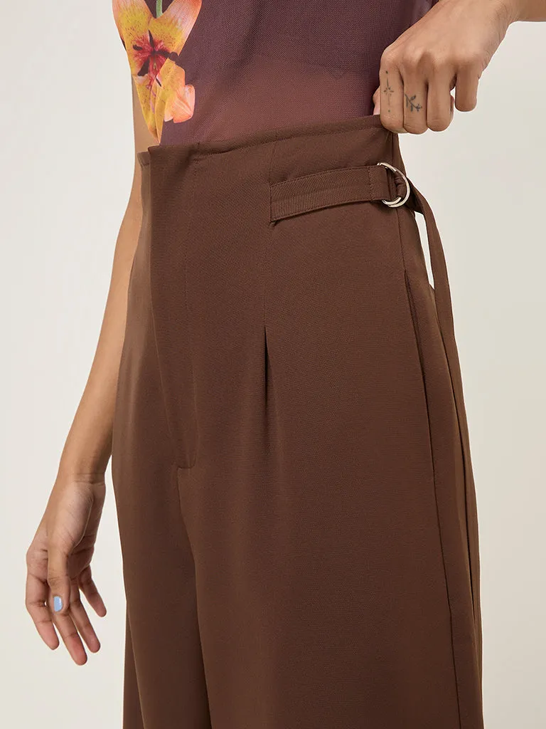 Nuon Brown Solid Wide-Leg High-Rise Trousers