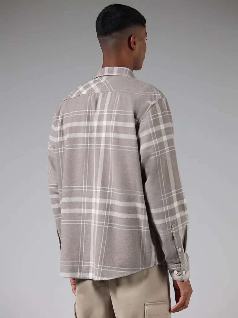 Nuon Light Brown Checked Cotton Relaxed-Fit Shirt