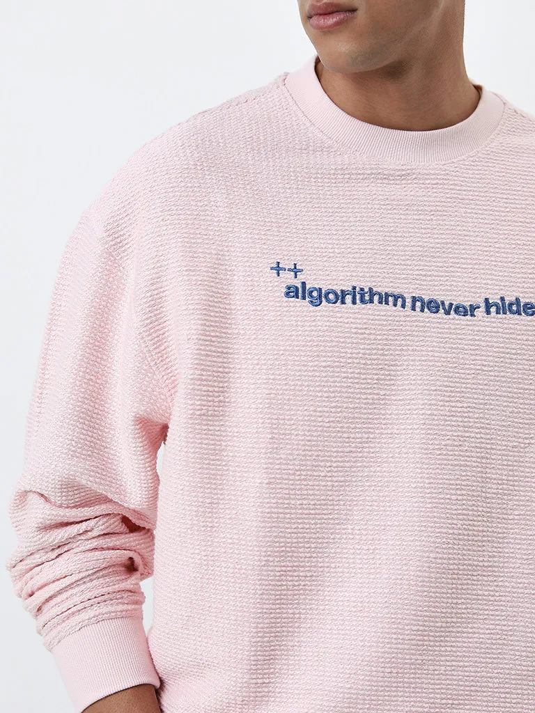 Nuon Light Pink Text Design Relaxed-Fit Cotton Sweatshirt