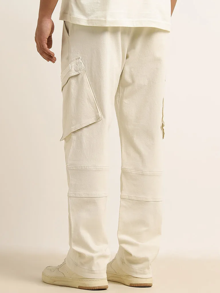 Nuon Off-White Mid-Rise Relaxed-Fit Cotton Blend Chinos