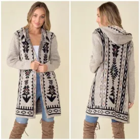 Oatmeal Aztec Rainbow Western Hooded Knit Cardigan Long Sleeve Open Sweater