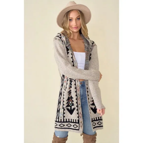 Oatmeal Aztec Rainbow Western Hooded Knit Cardigan Long Sleeve Open Sweater