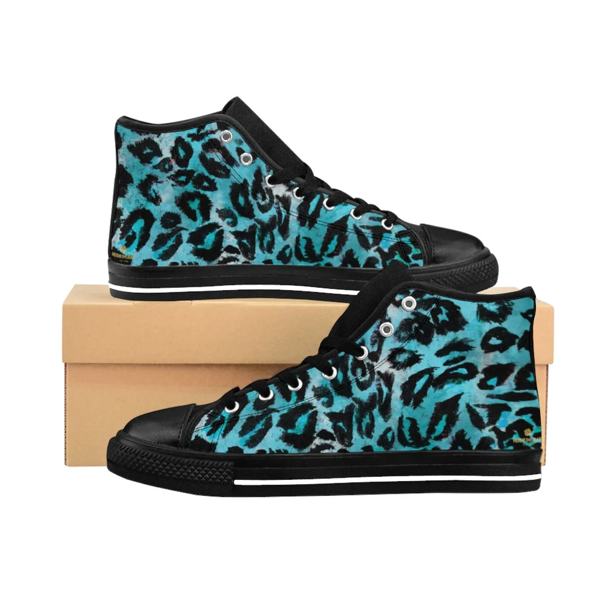 Ocean Blue Leopard Men's Sneakers, Animal Print Premium High-top Fashion Sneakers Shoes