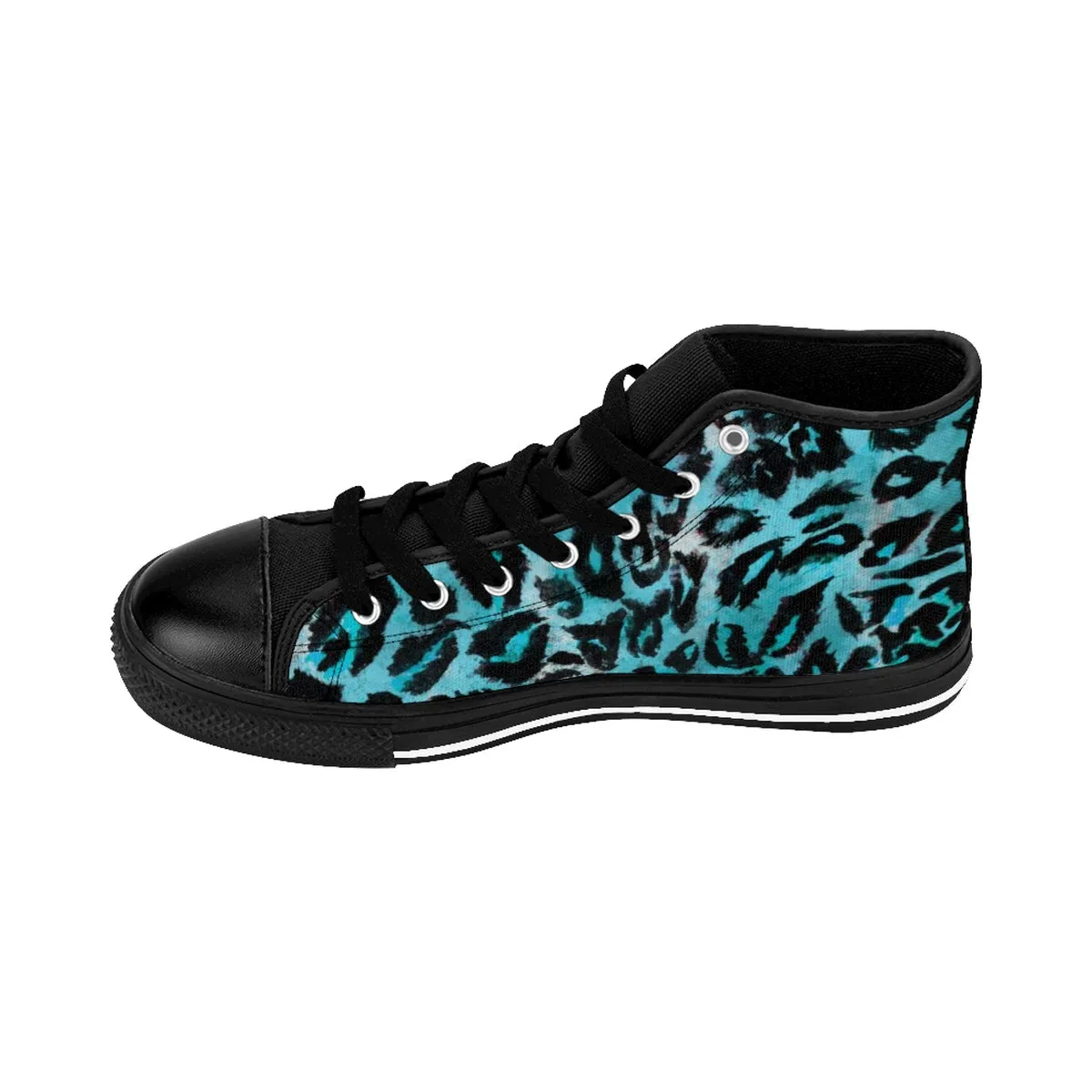 Ocean Blue Leopard Men's Sneakers, Animal Print Premium High-top Fashion Sneakers Shoes