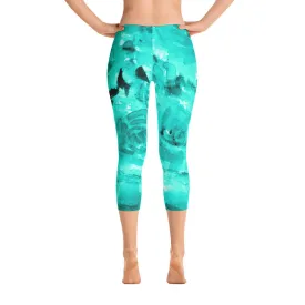 Ocean Blue Rose Flower Tights, Blue Soft Floral Designer Capri Leggings Bright Colors - Made in USA