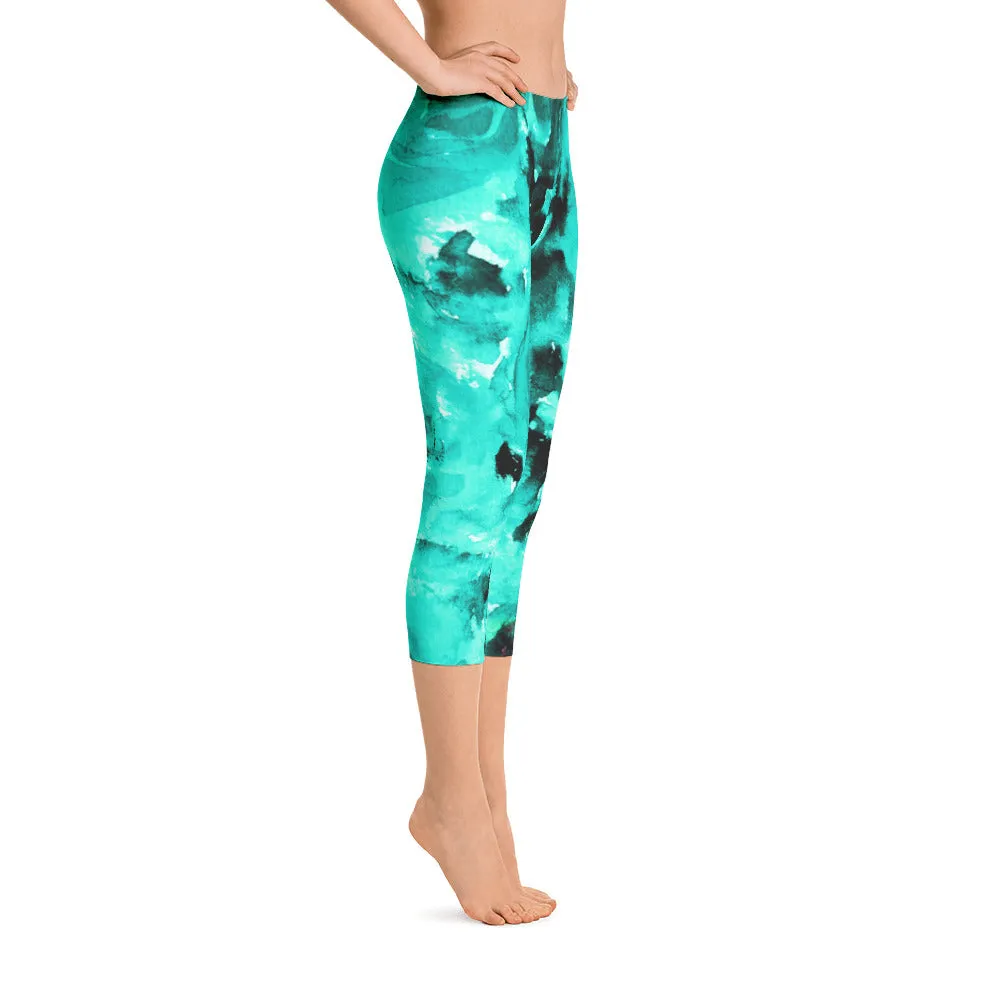 Ocean Blue Rose Flower Tights, Blue Soft Floral Designer Capri Leggings Bright Colors - Made in USA