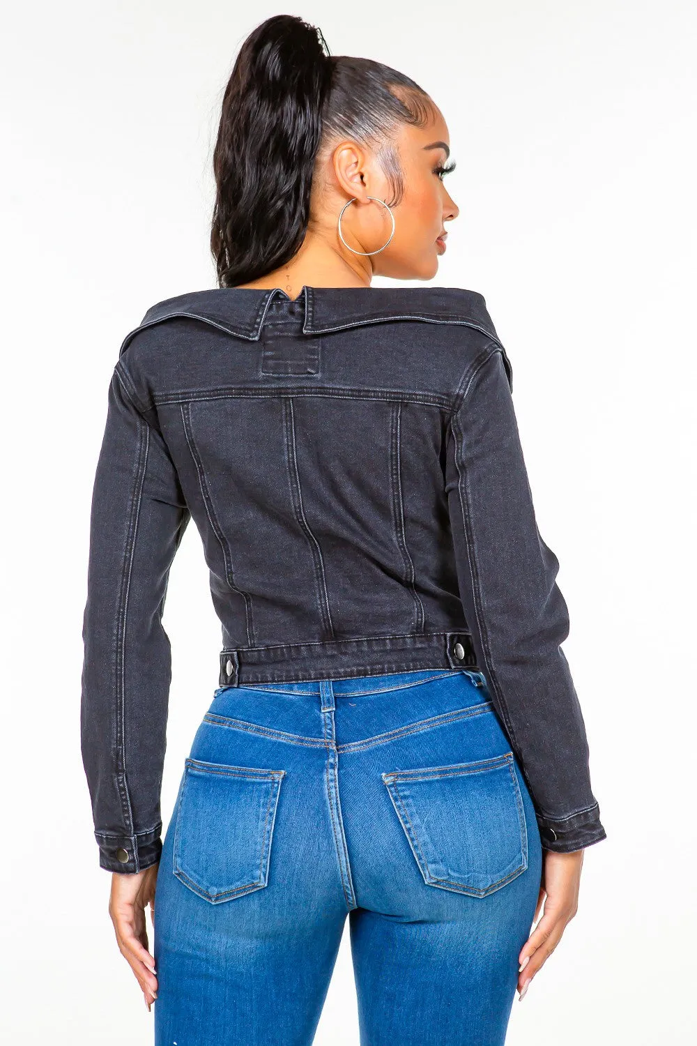 Off Shoulder Lace Up Denim Jacket