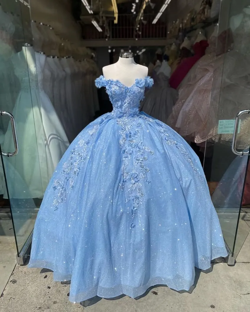 Off the shoulder blue ball gown , sparkly prom dress with flowers