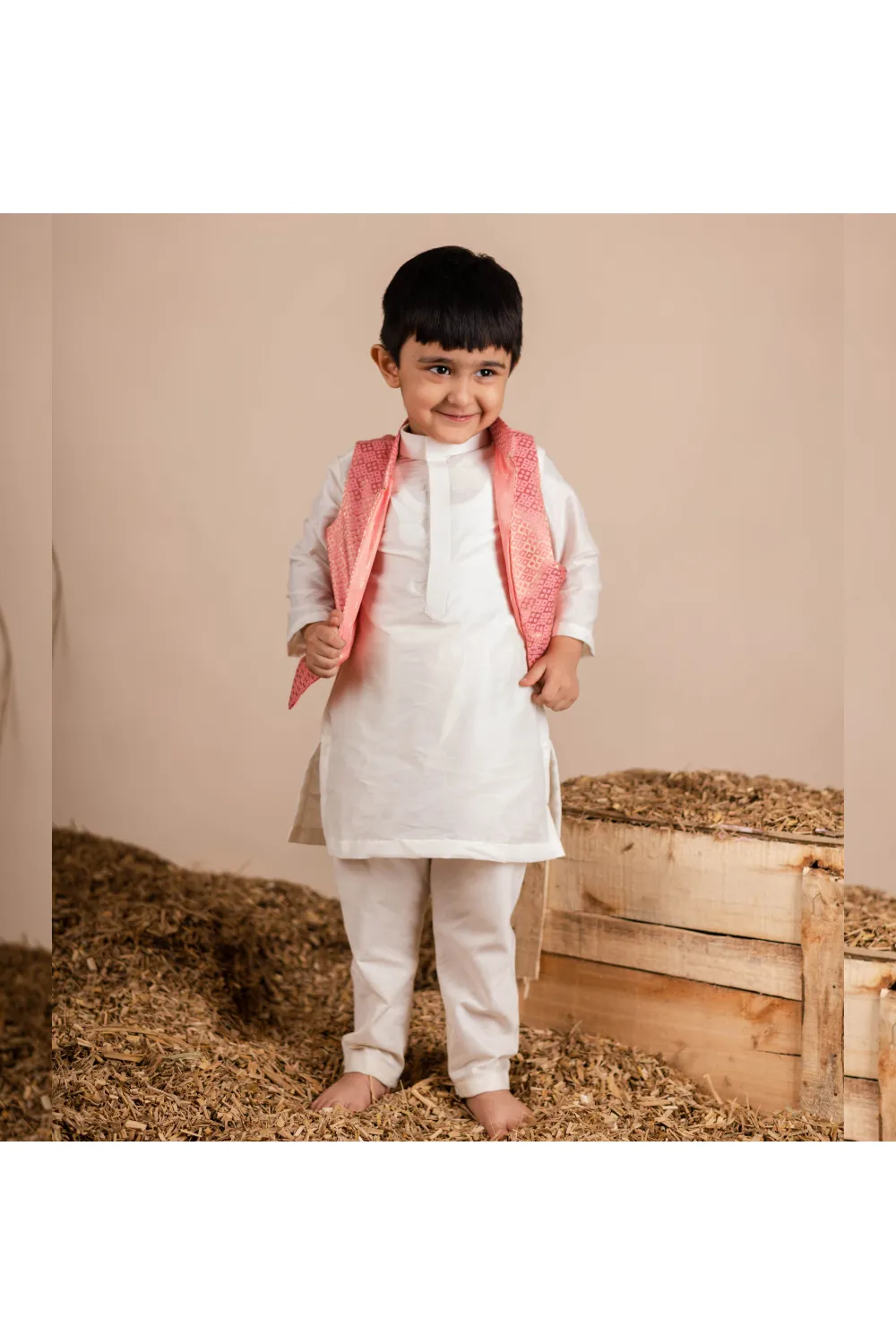 Off-White Cotton Silk Kurta And Churidar With Pink Brocade Jacket Set