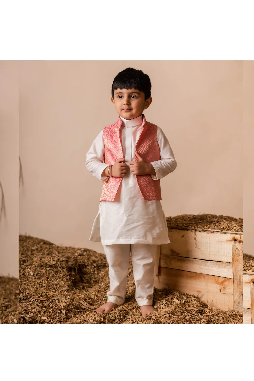 Off-White Cotton Silk Kurta And Churidar With Pink Brocade Jacket Set