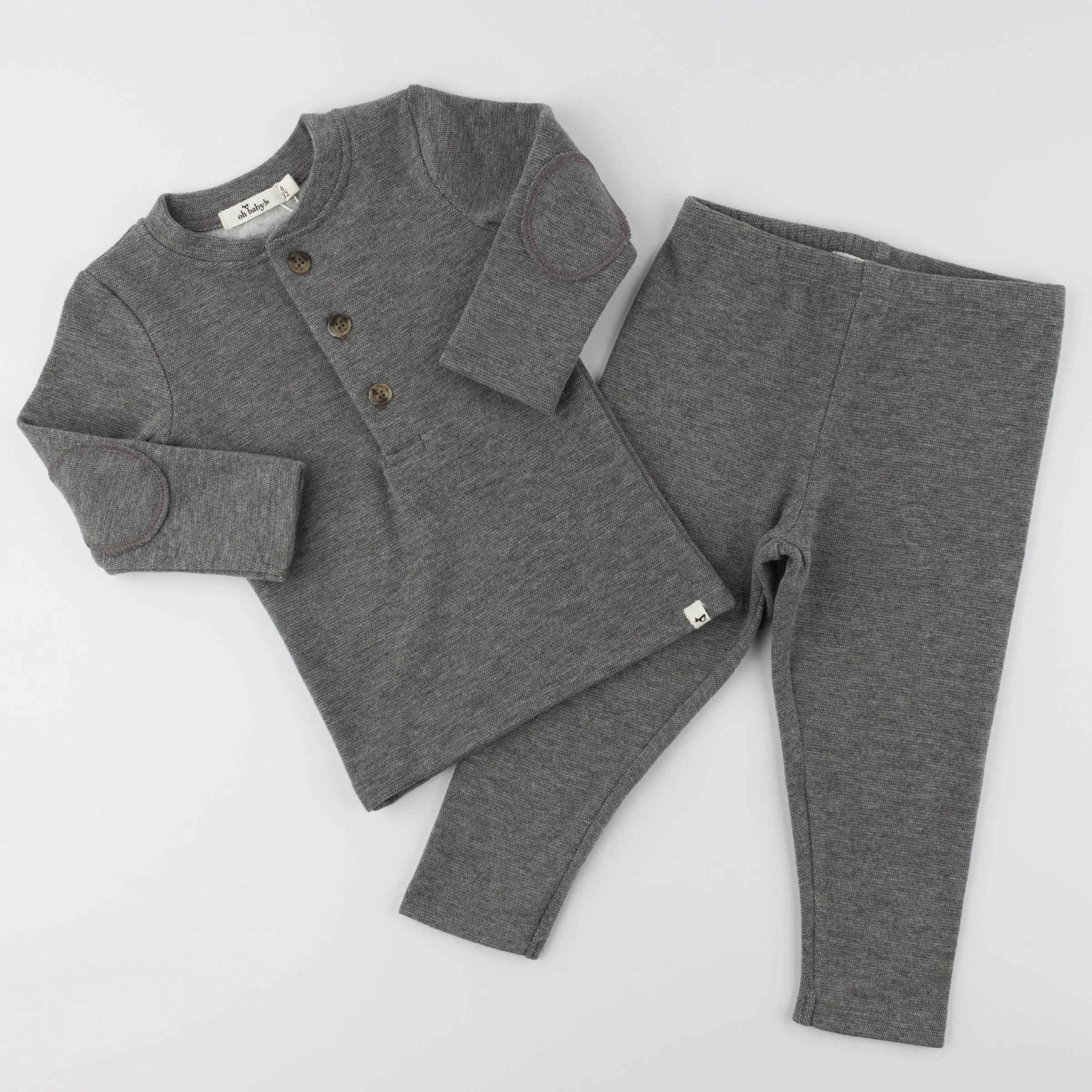 oh baby! Mini Honeycomb Elbow Patch Henley Set - Charcoal