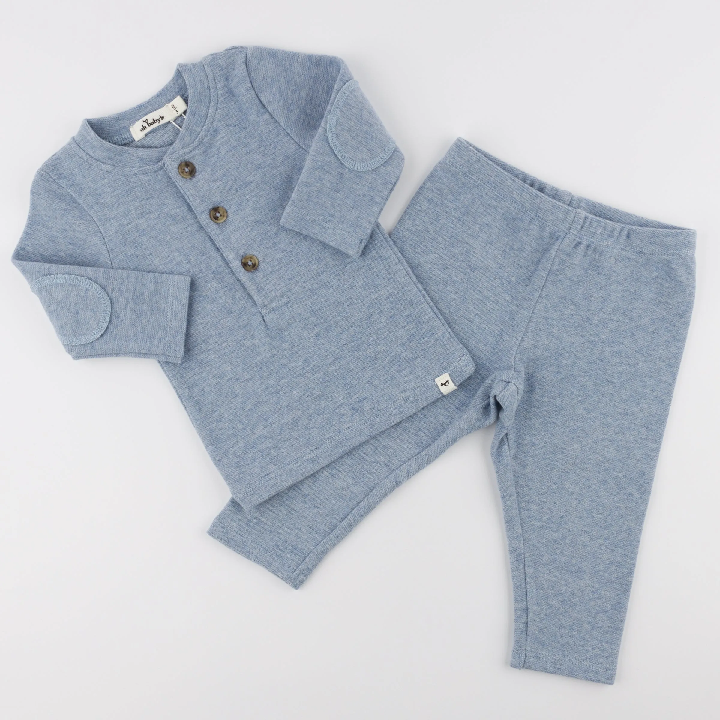 oh baby! Mini Stripe Elbow Patch Henley Set - Denim