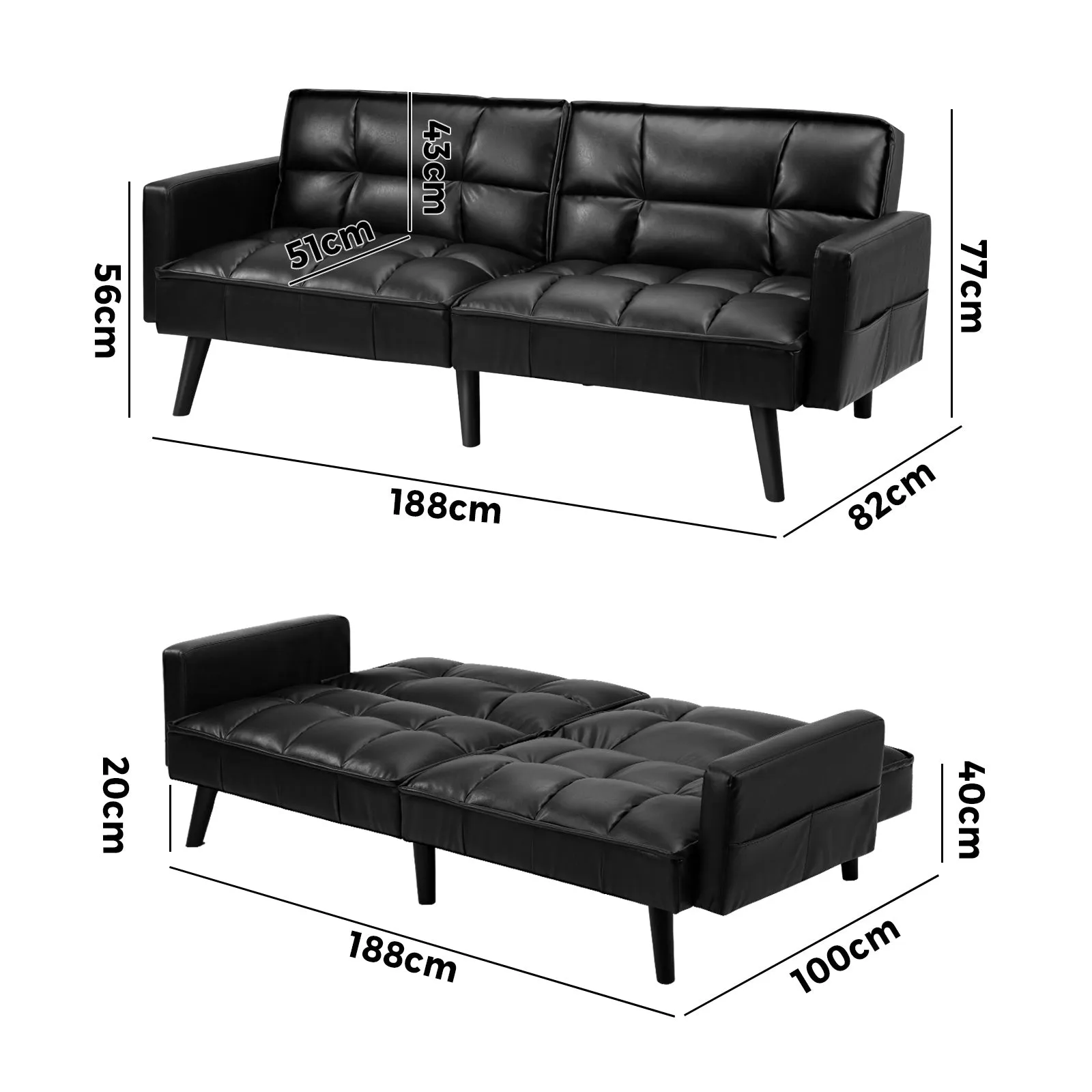 Oikiture Sofa Bed Futon Convertible Leather Lounge Couch 3-Seater Recliner Black