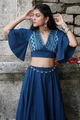 Okhai "Rasiya" Hand-Embroidery and Mirrorwork Blue Pure Cotton Blouse