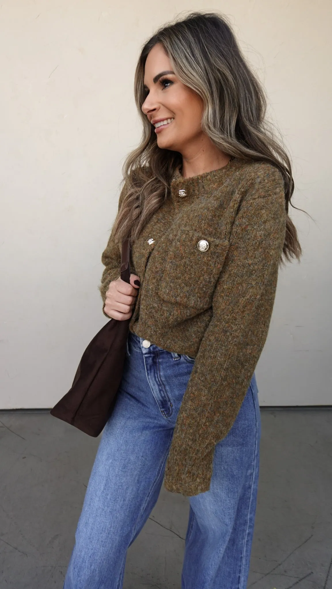 Olive Boucle Cardigan with Gold Buttons