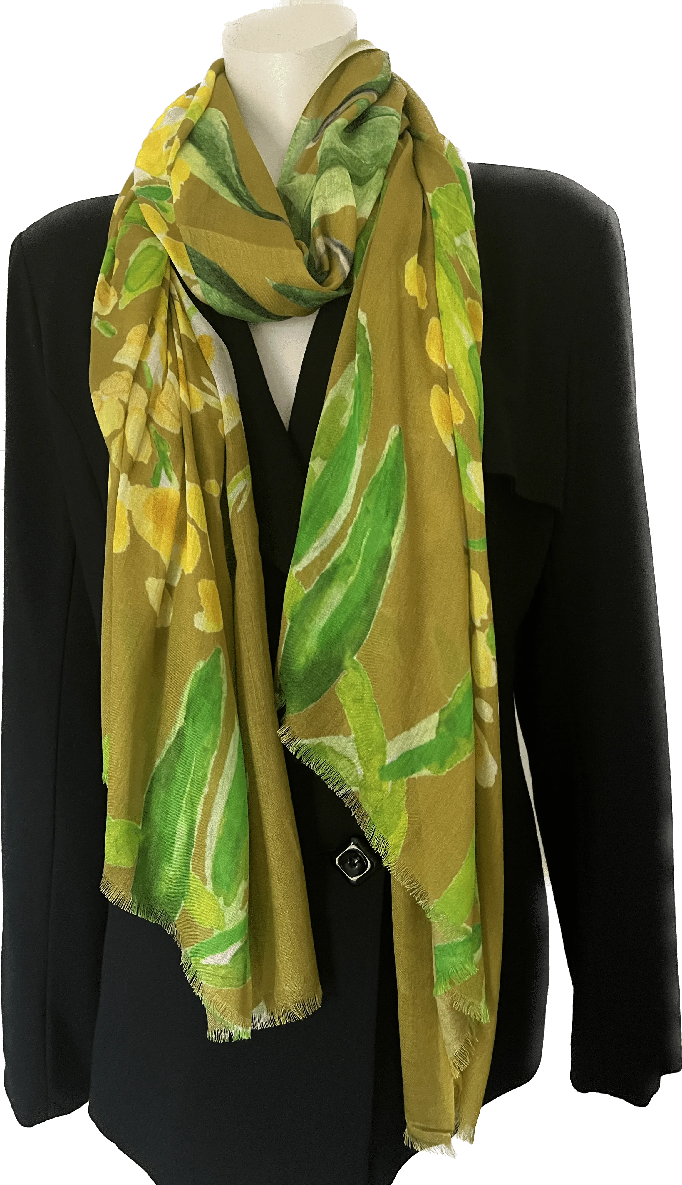 Olive green Scarf - Yellow Flowers - Handmade