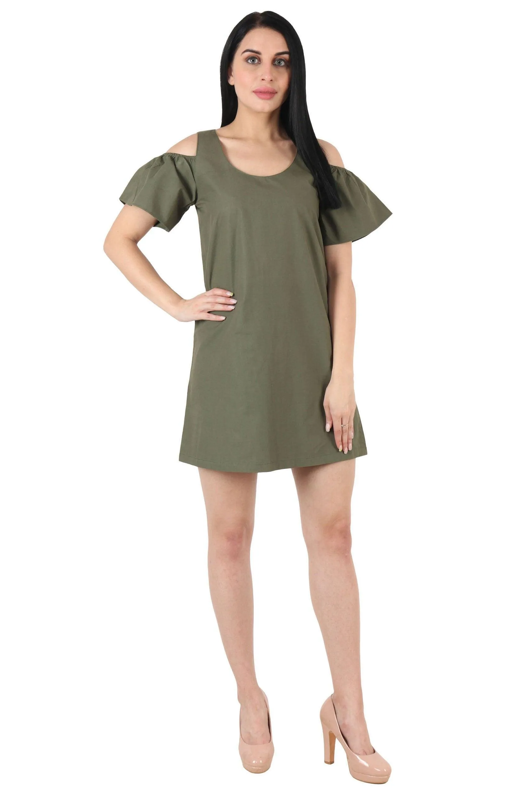 Olive Green Solid Cold Shoulder Dress