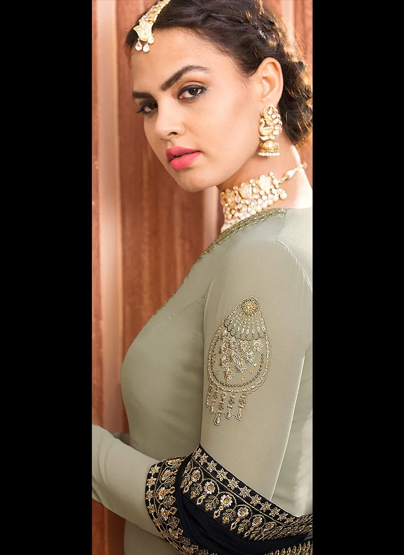 Olive Green Two Tone Embroidered Palazzo Suit