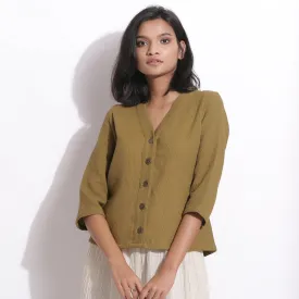 Olive Green Warm Cotton Waffle Button-Down Top