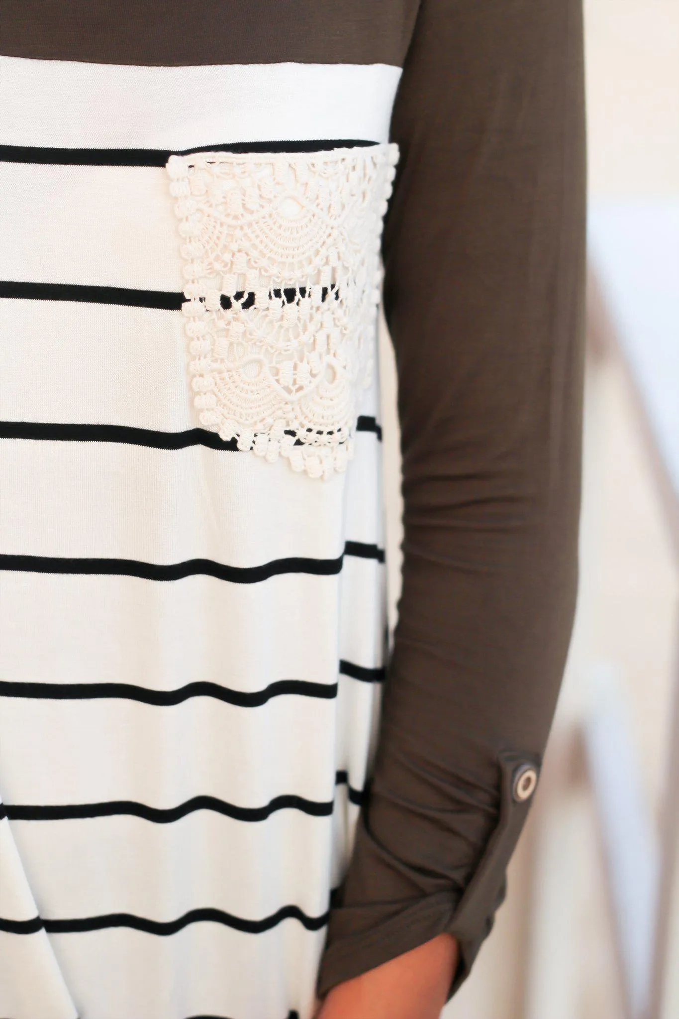 Olive Striped Top with Crochet Pocket