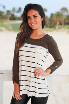 Olive Striped Top with Crochet Pocket