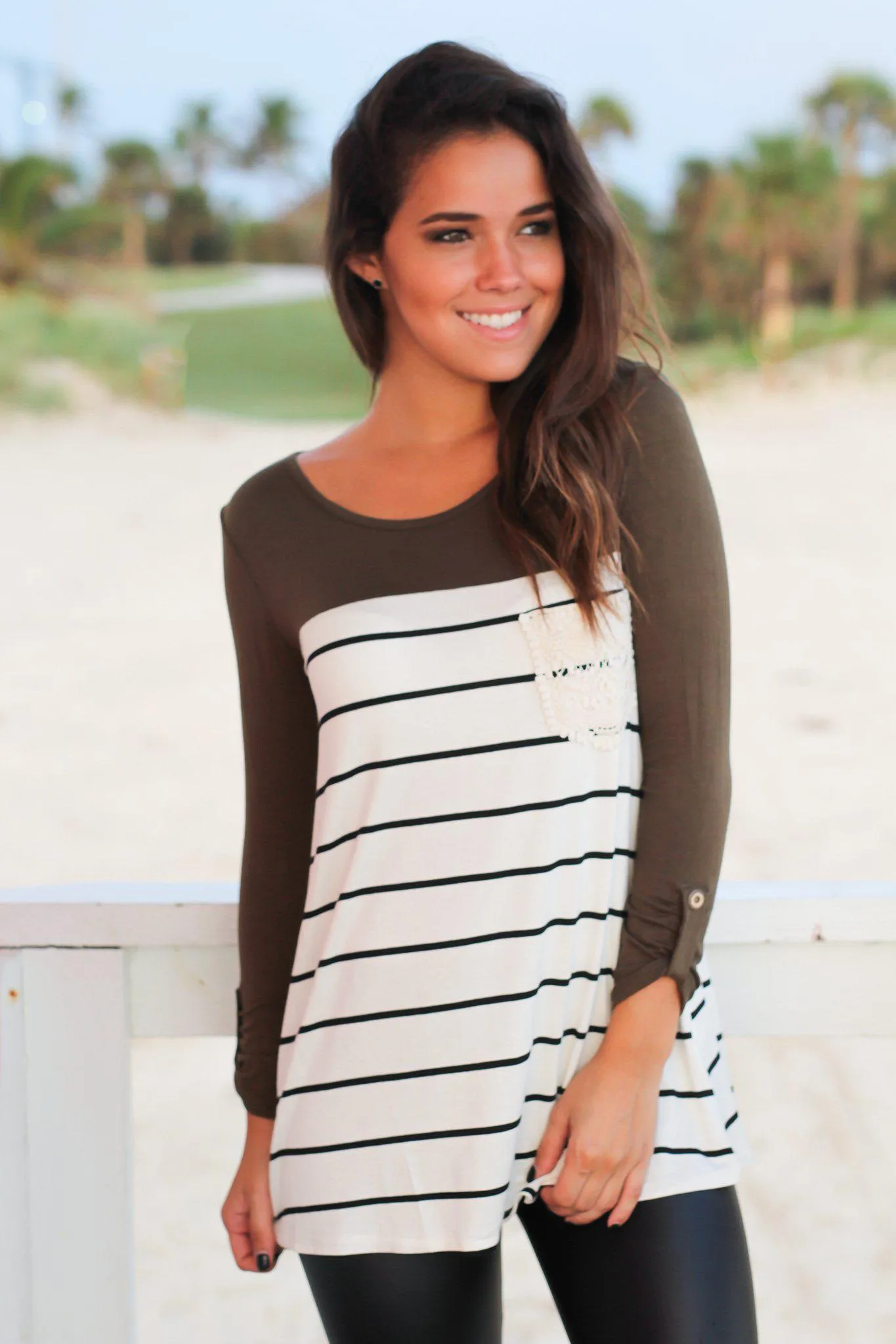 Olive Striped Top with Crochet Pocket