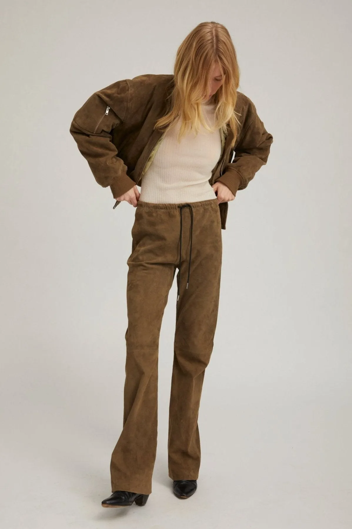 Olive Suede Straight Leg Pants