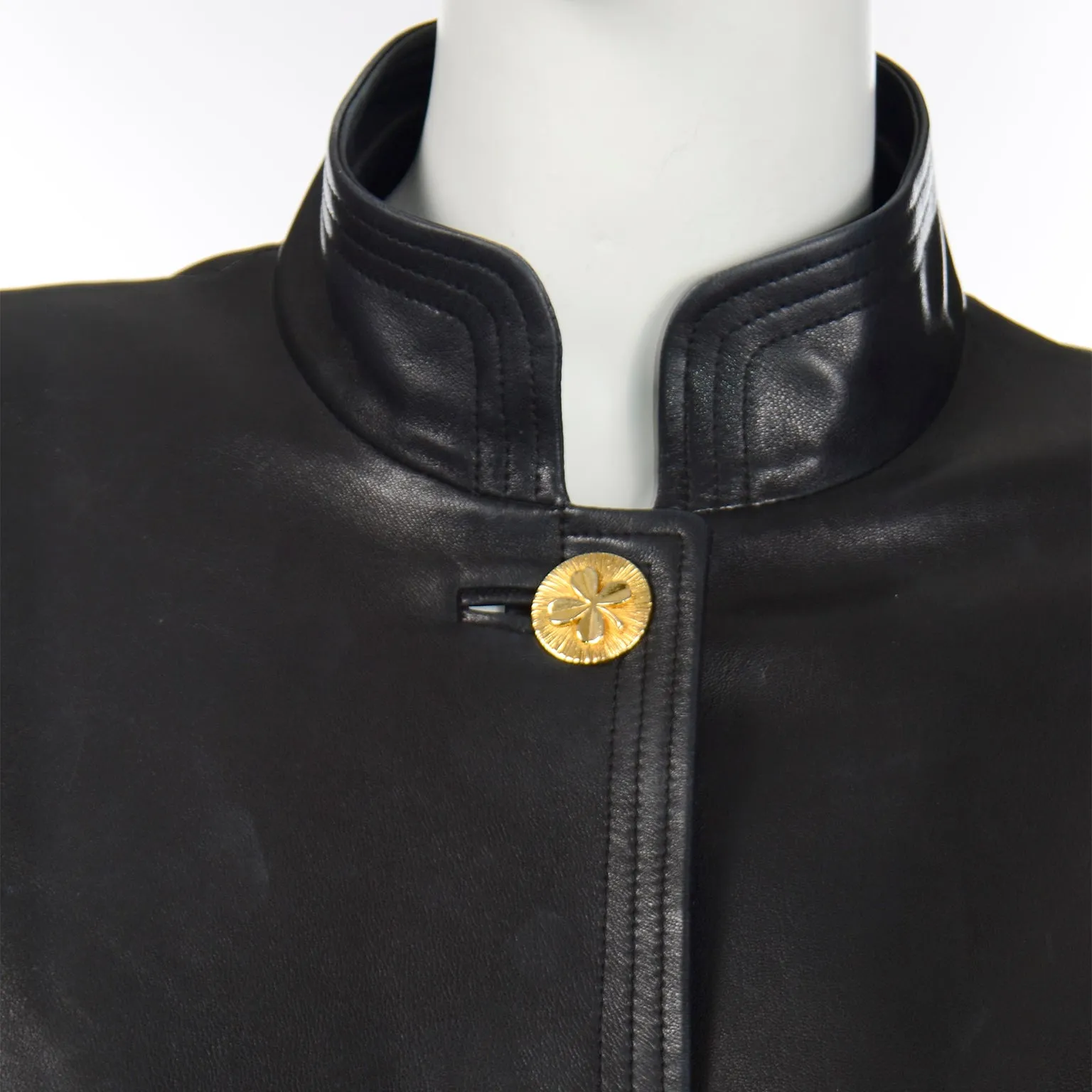 ON HOLD // Vintage Chanel Black Leather Jacket With 4 Gold Leaf Clover Buttons