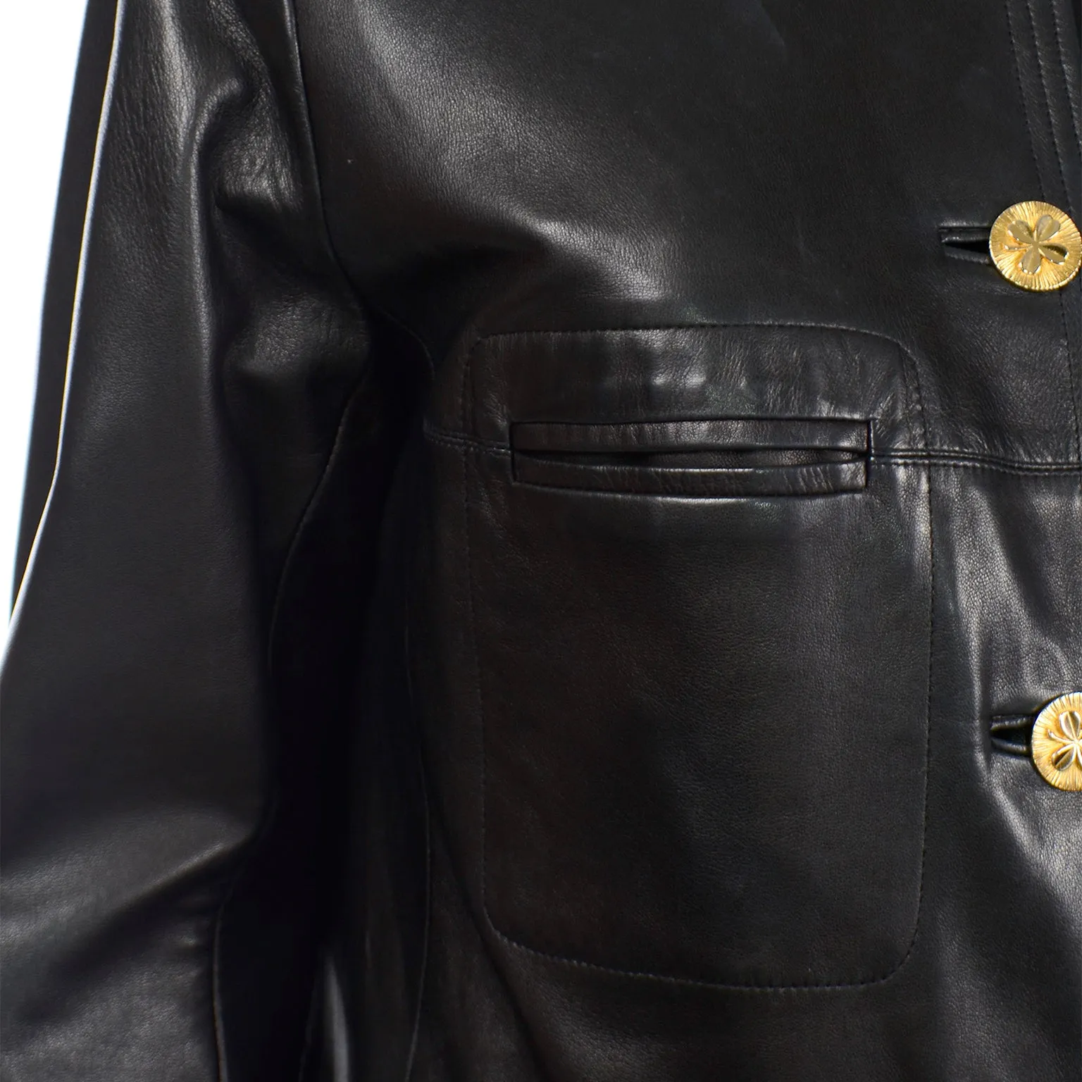 ON HOLD // Vintage Chanel Black Leather Jacket With 4 Gold Leaf Clover Buttons