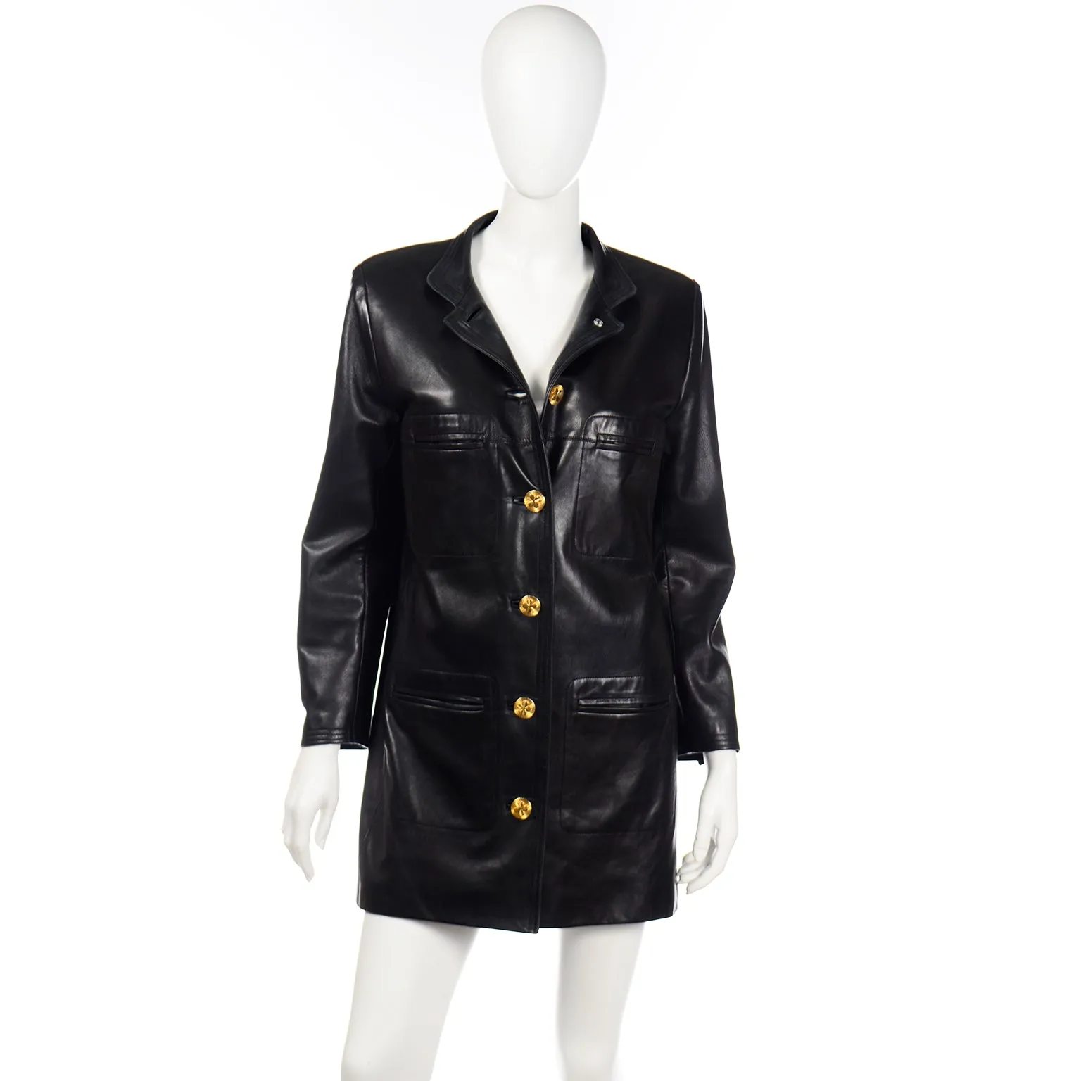 ON HOLD // Vintage Chanel Black Leather Jacket With 4 Gold Leaf Clover Buttons