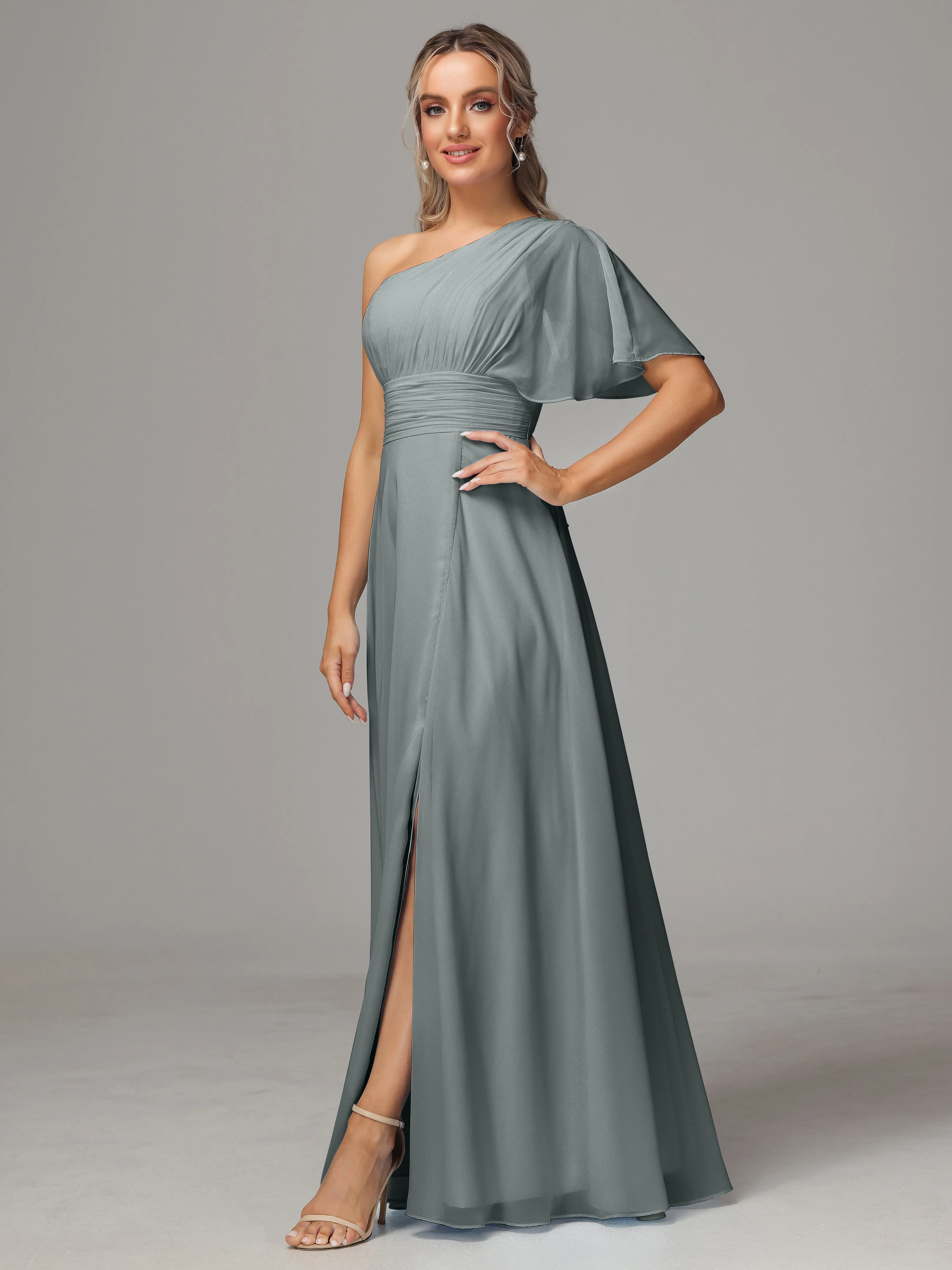 One Shoulder Ruffles Chiffon Bridesmaid Dresses With Split