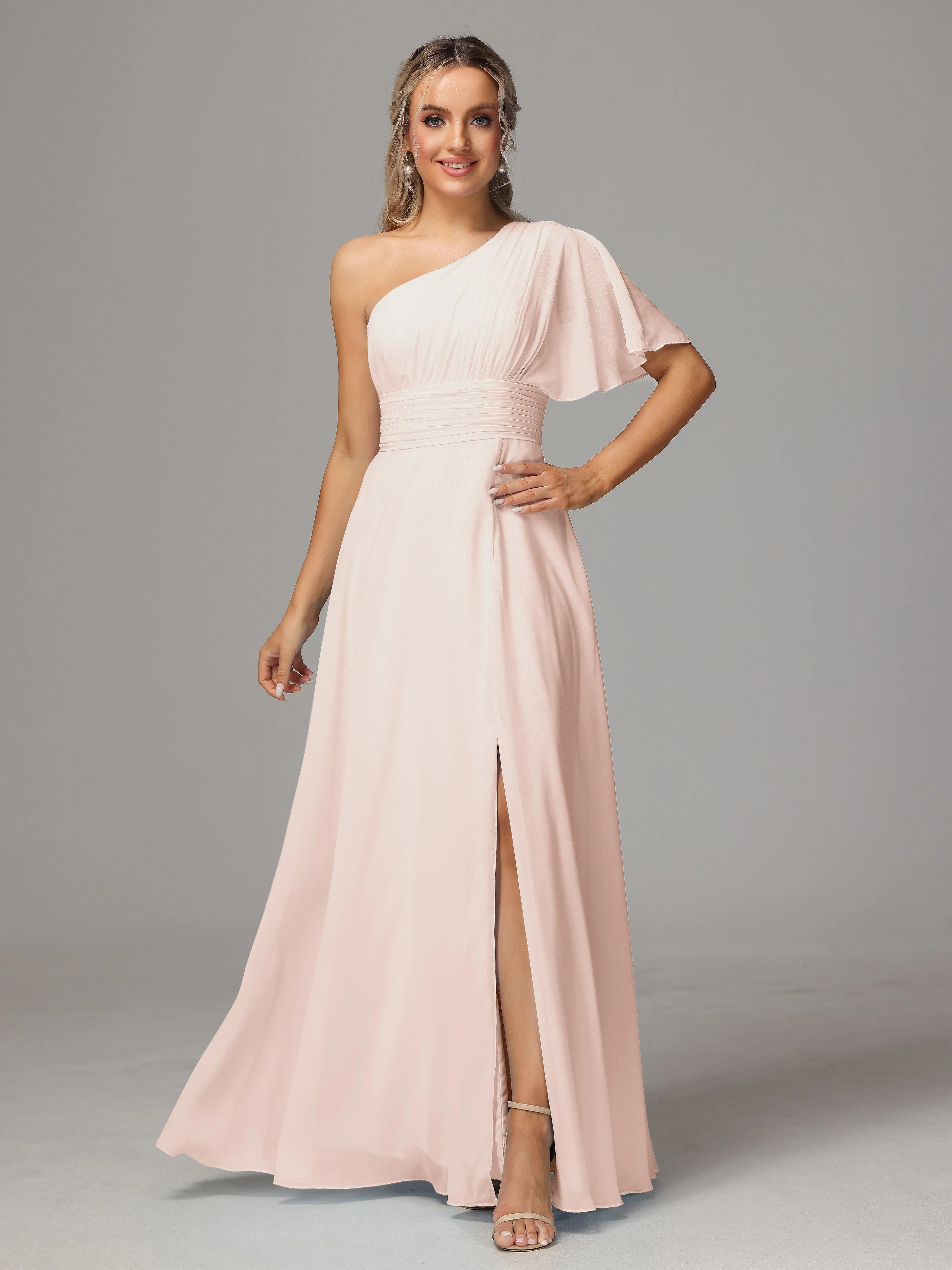 One Shoulder Ruffles Chiffon Bridesmaid Dresses With Split