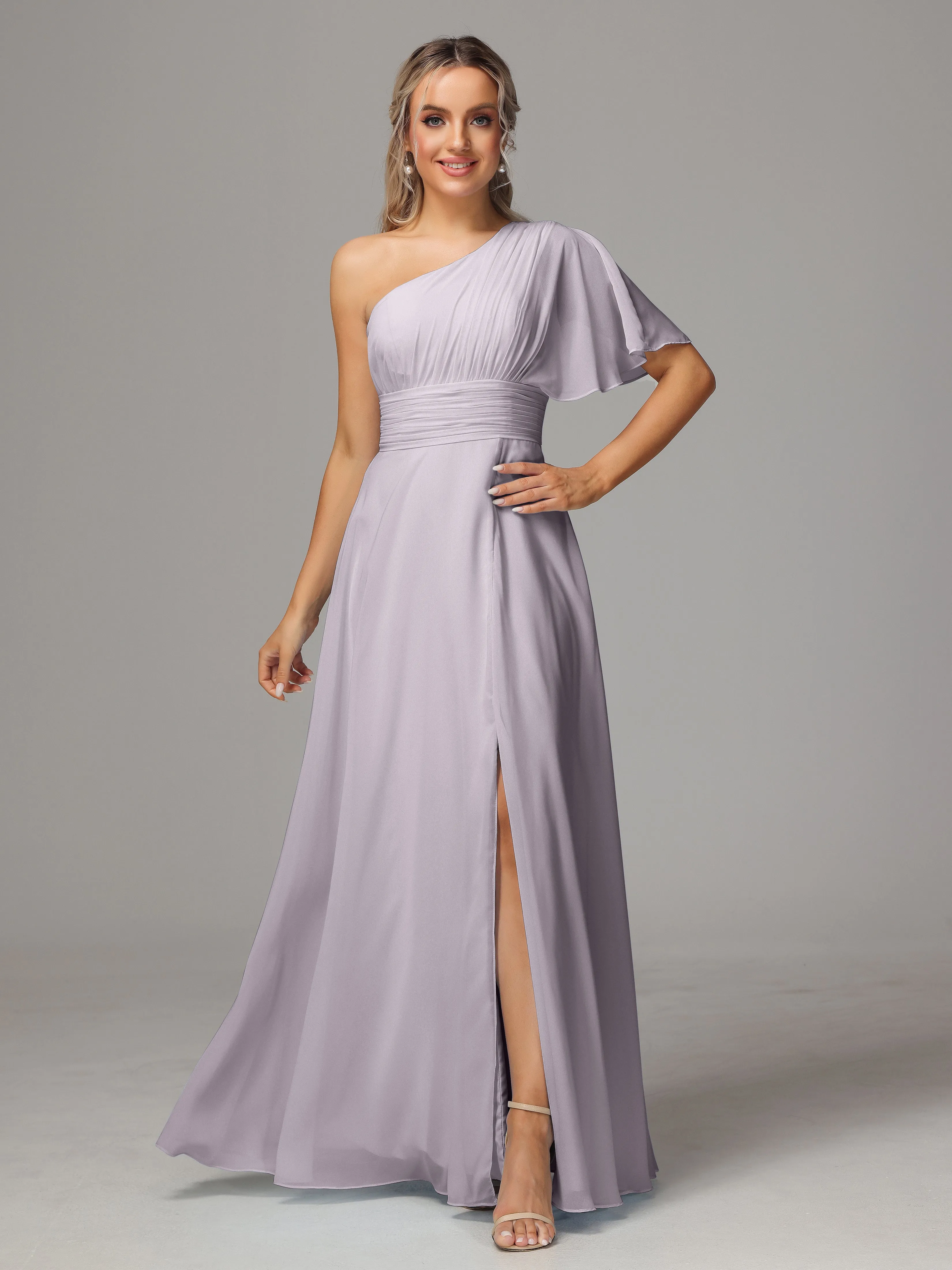 One Shoulder Ruffles Chiffon Bridesmaid Dresses With Split