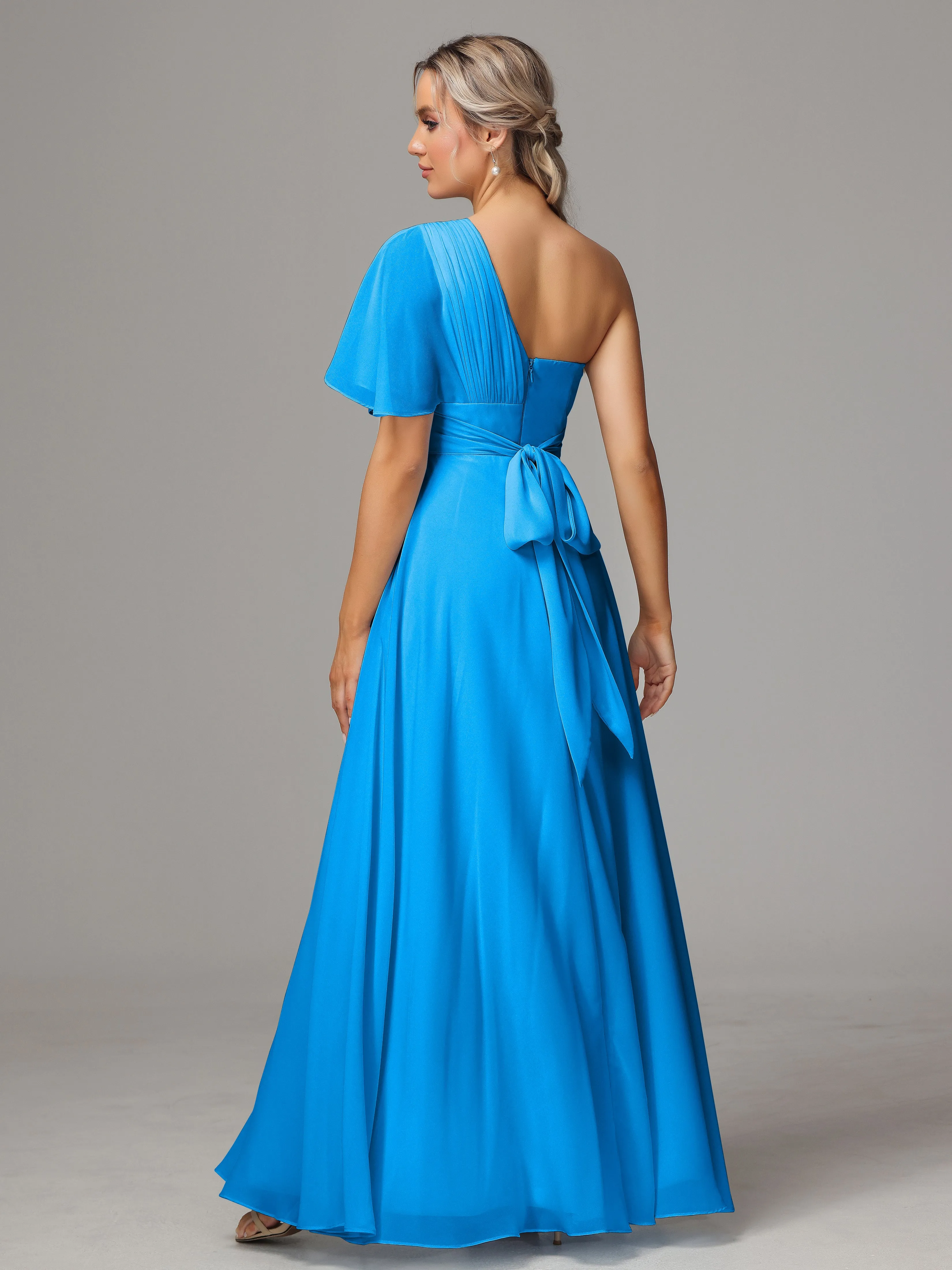 One Shoulder Ruffles Chiffon Bridesmaid Dresses With Split