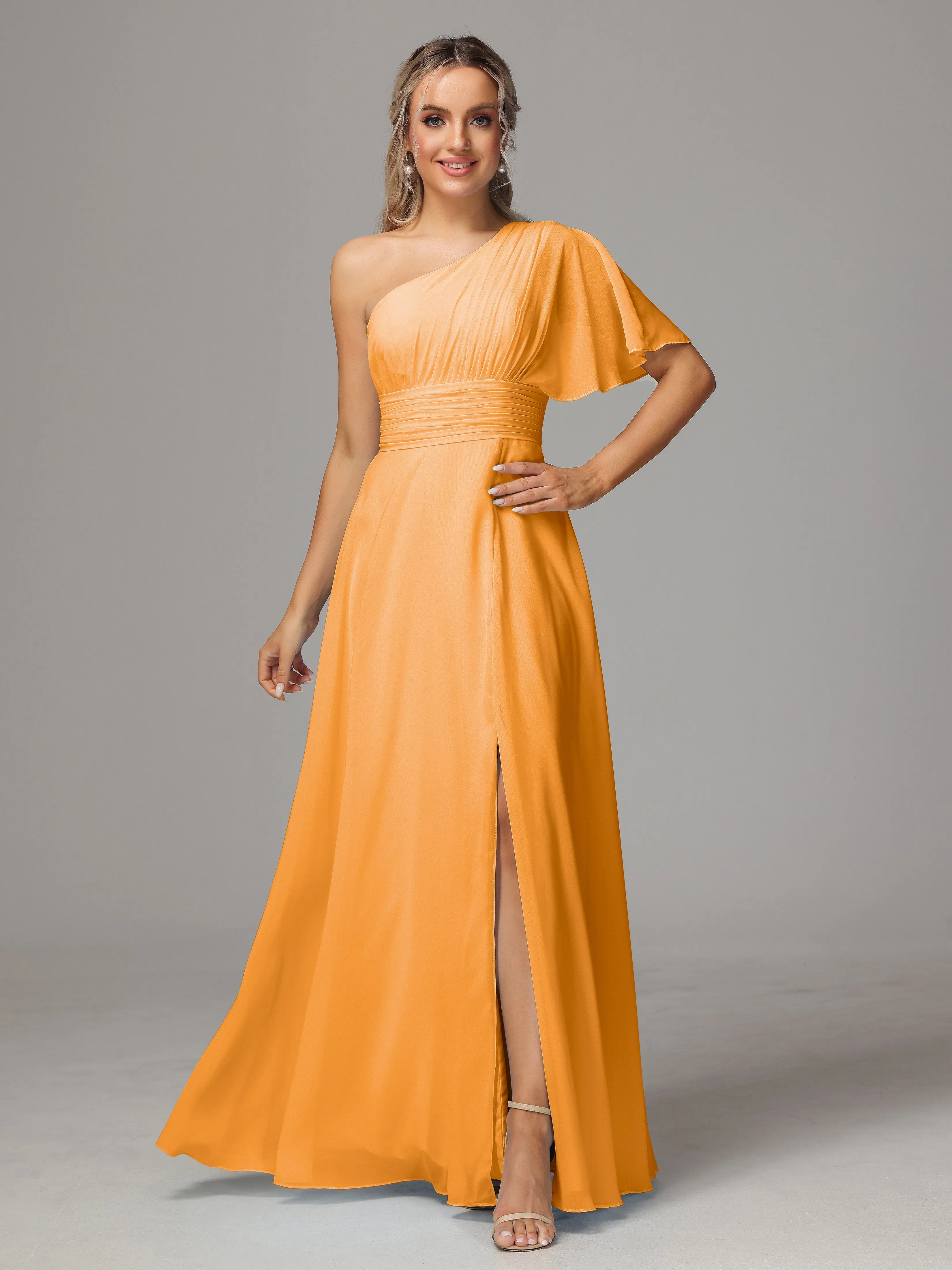 One Shoulder Ruffles Chiffon Bridesmaid Dresses With Split