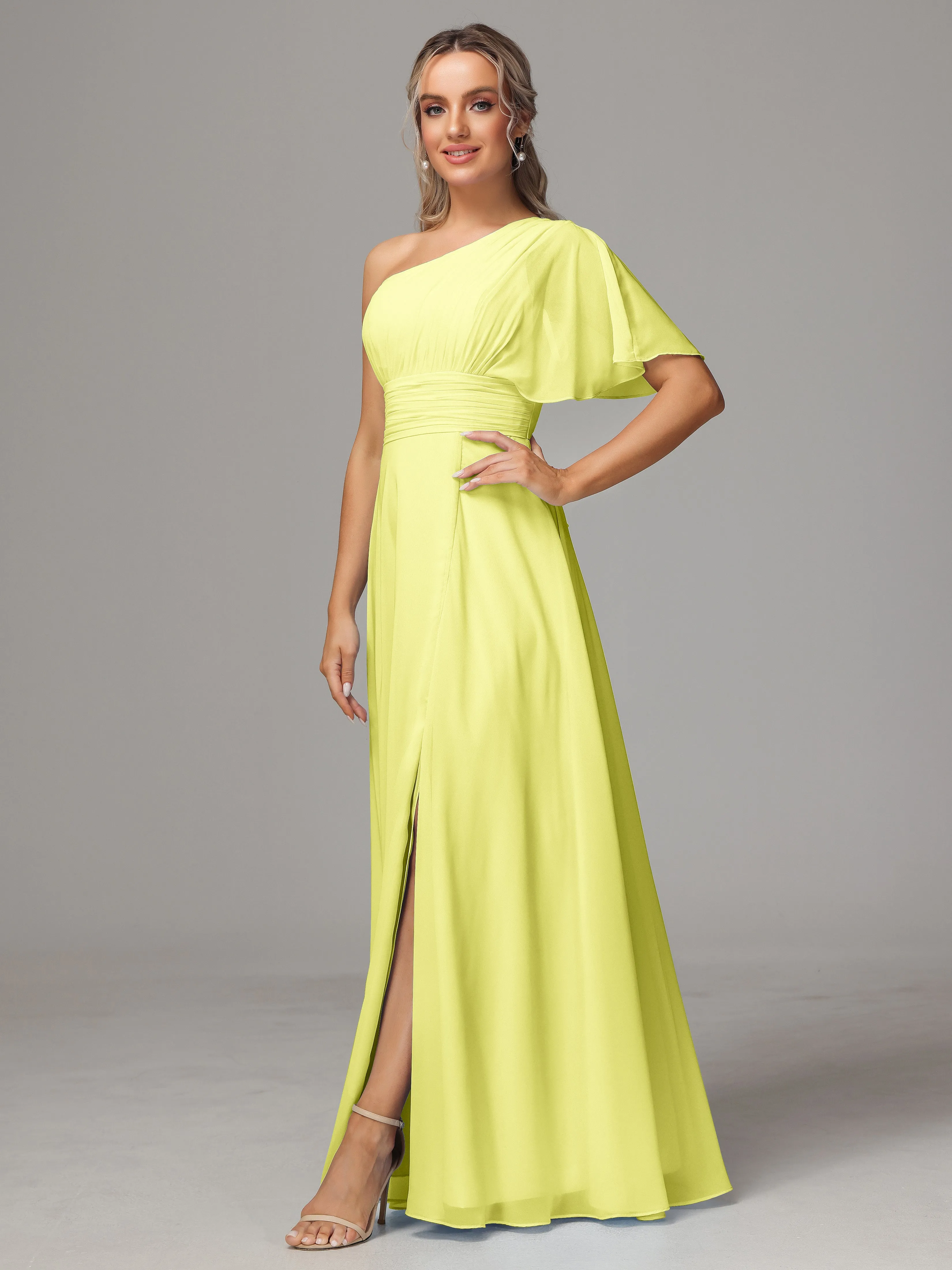 One Shoulder Ruffles Chiffon Bridesmaid Dresses With Split