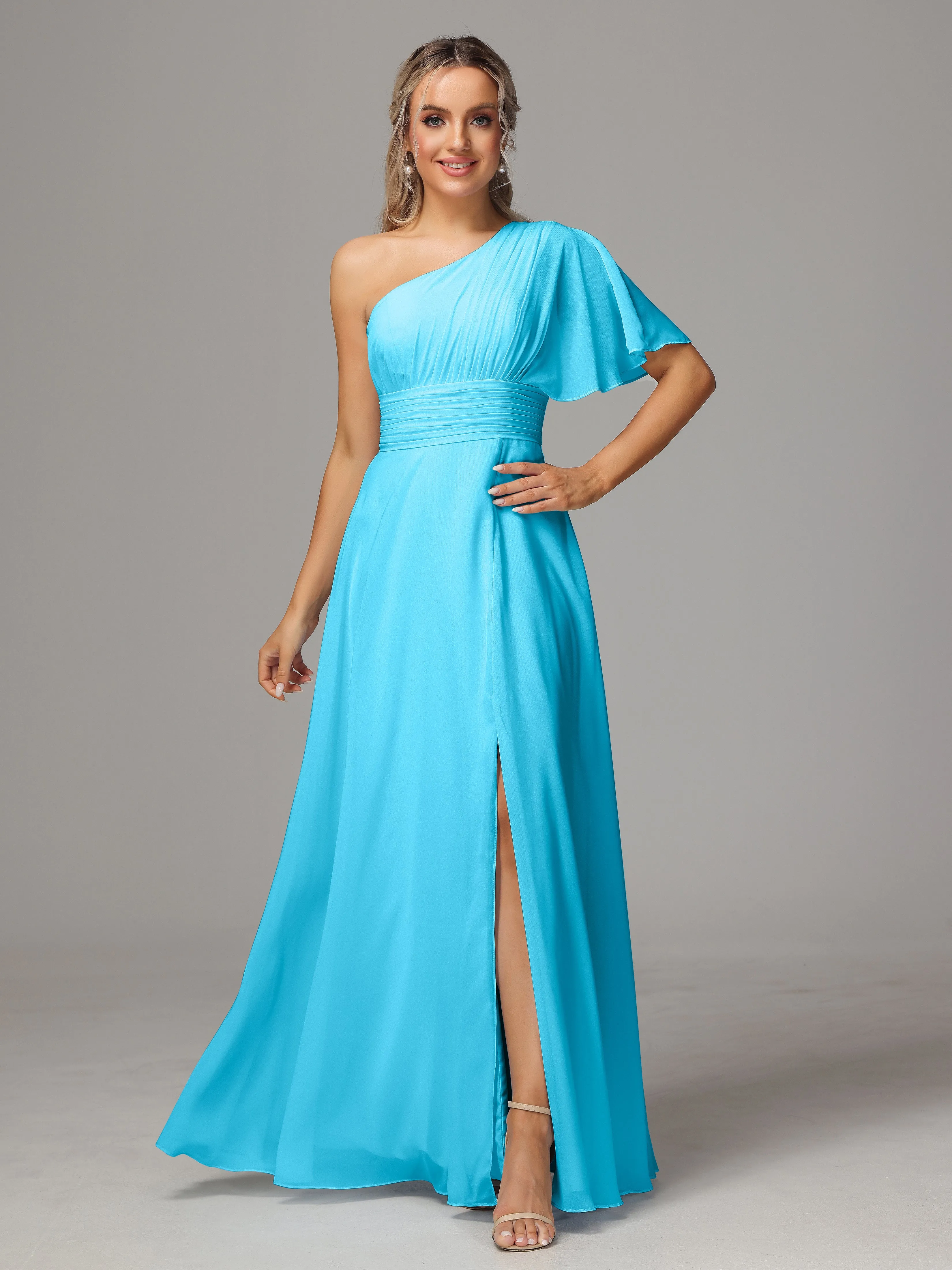 One Shoulder Ruffles Chiffon Bridesmaid Dresses With Split