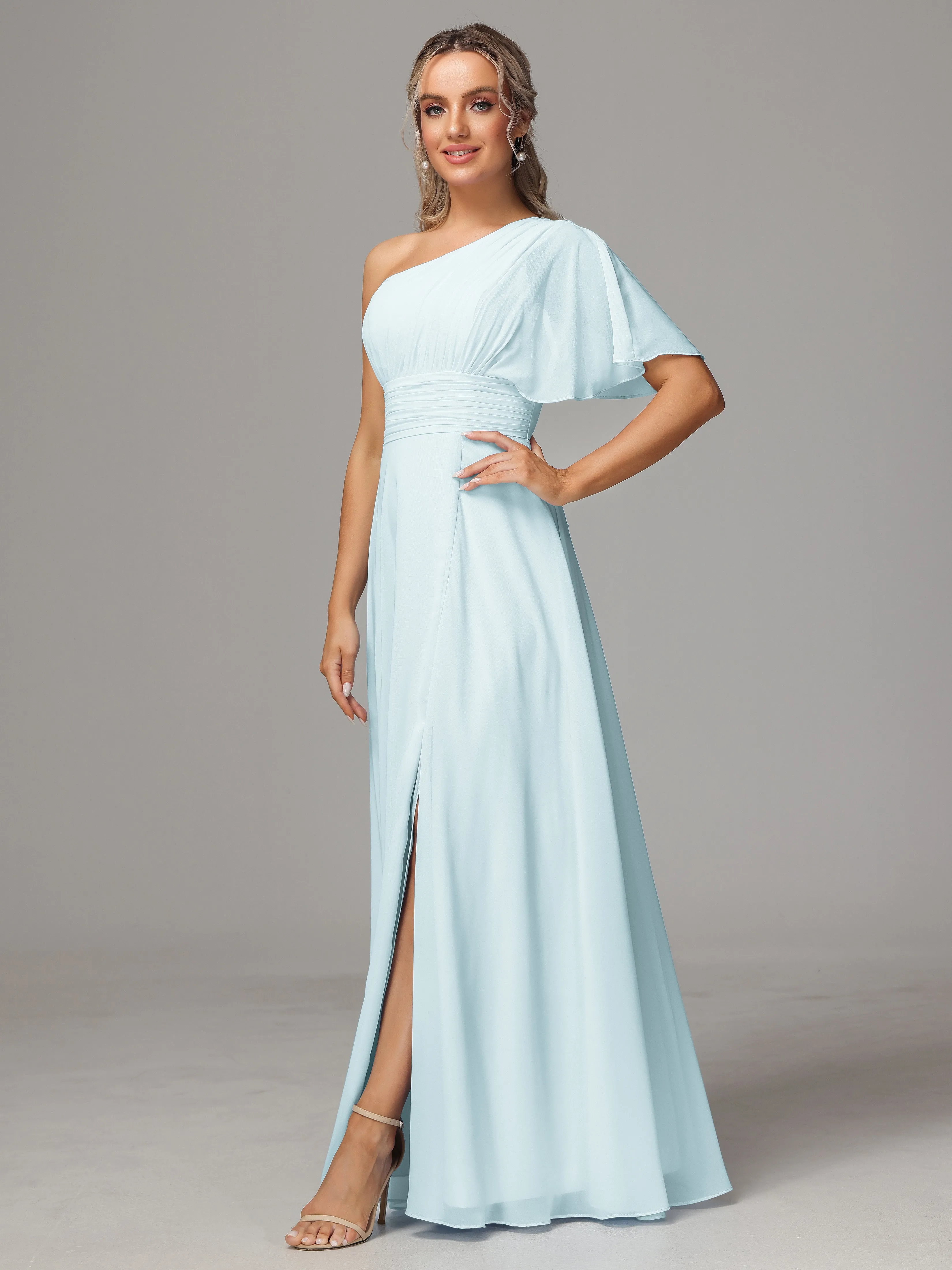 One Shoulder Ruffles Chiffon Bridesmaid Dresses With Split