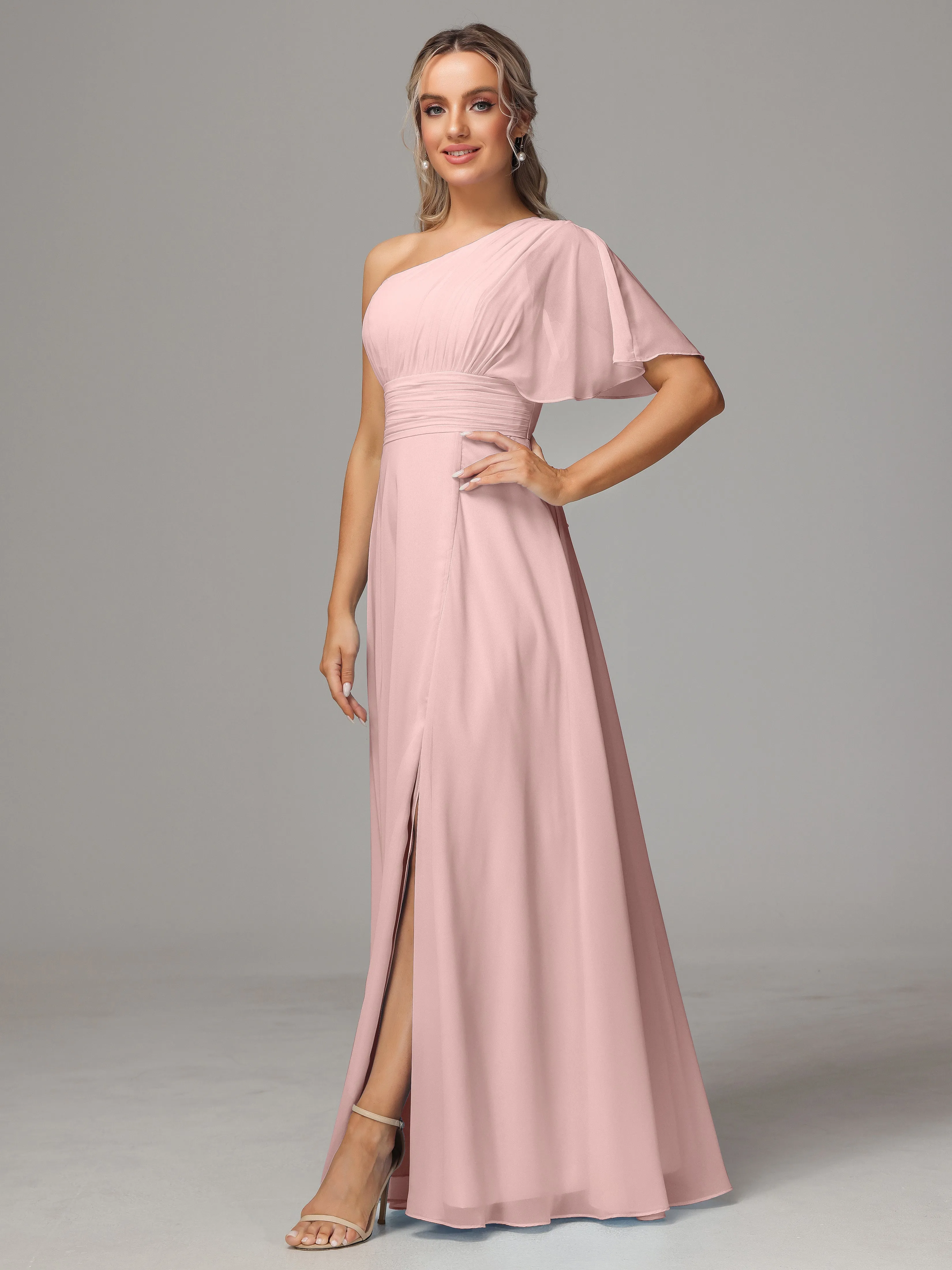 One Shoulder Ruffles Chiffon Bridesmaid Dresses With Split